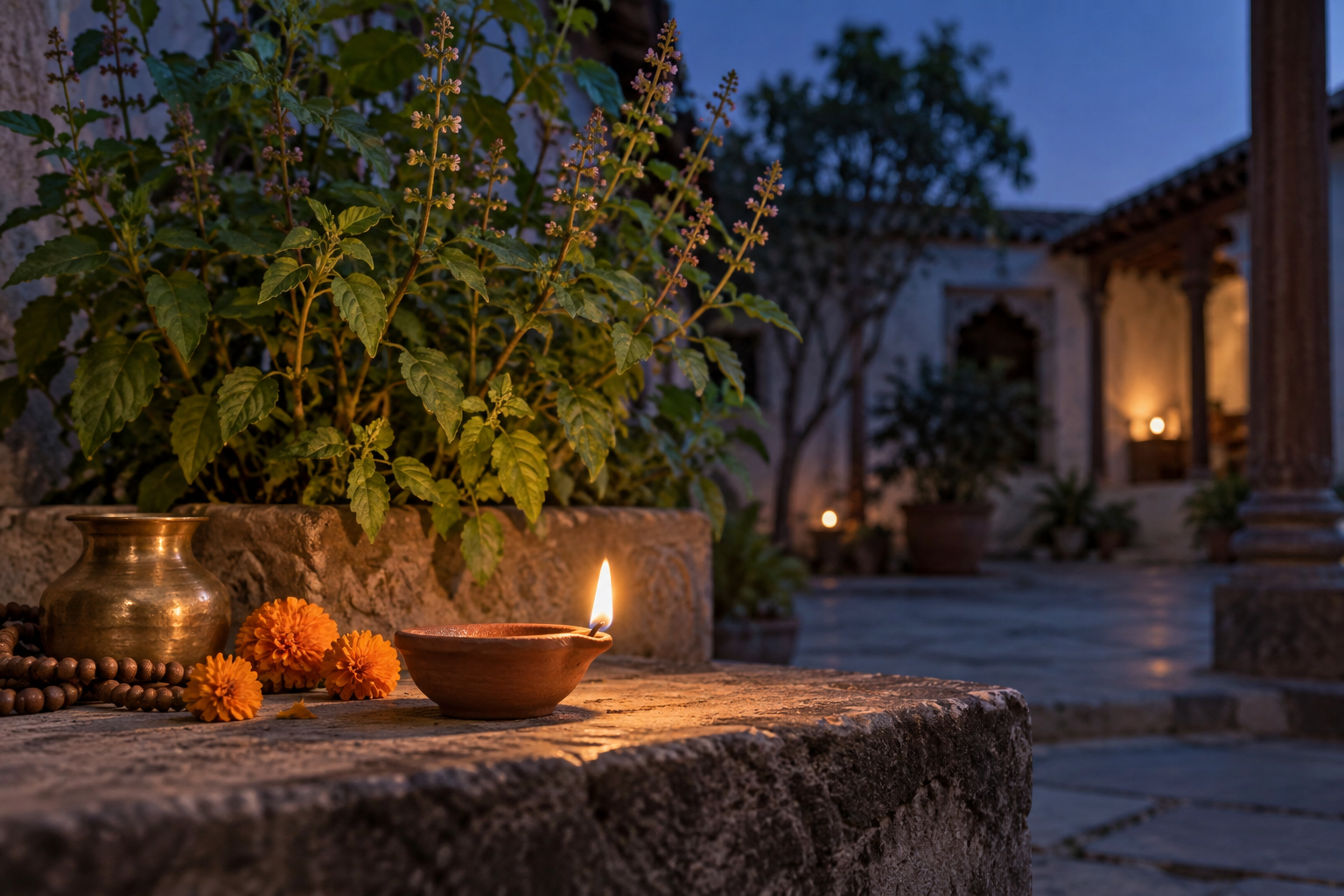 A lit clay lamp beside a tulsi plant, marigold flowers, prayer beads, and a brass water vessel in a quiet courtyard at dusk.