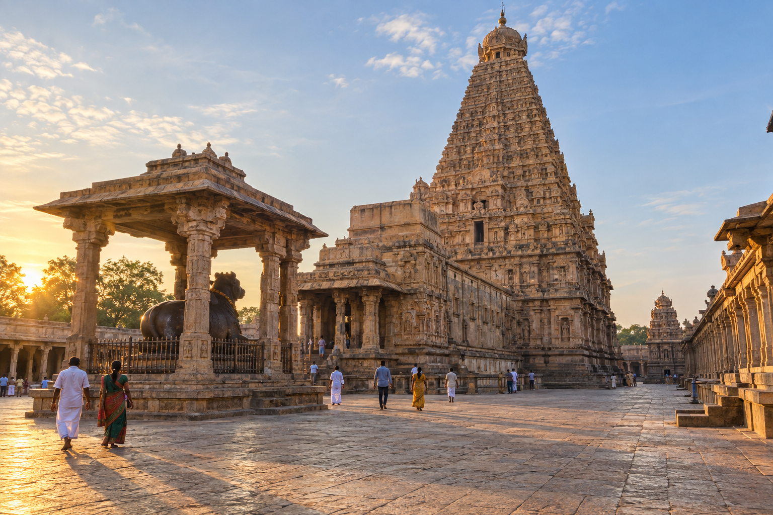 Brihadeeswara Temple's tall stone vimana rising above the courtyard as barefoot visitors walk through the complex in morning light.