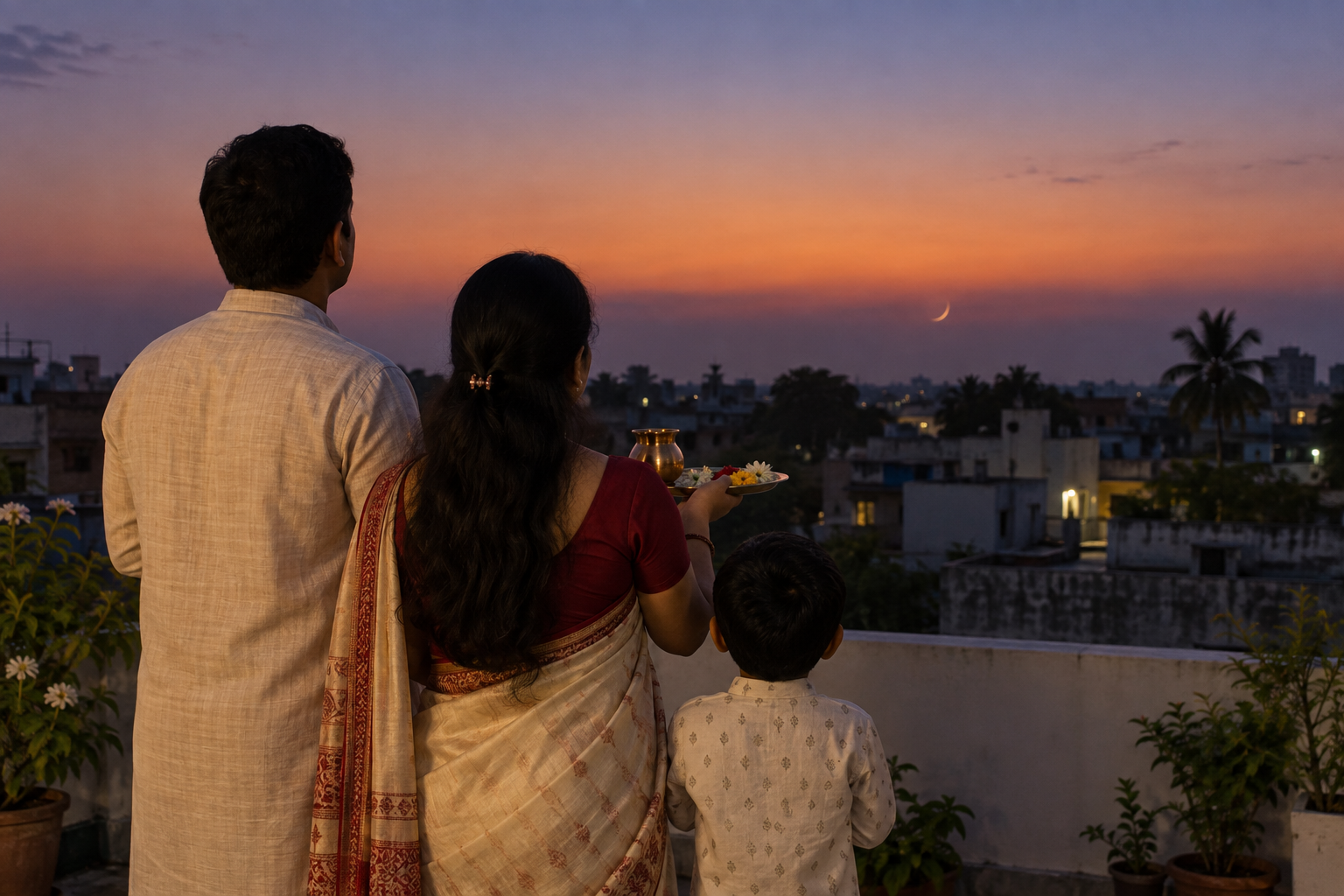 A family stands on a rooftop terrace at dusk and looks toward a thin crescent moon above the western horizon.