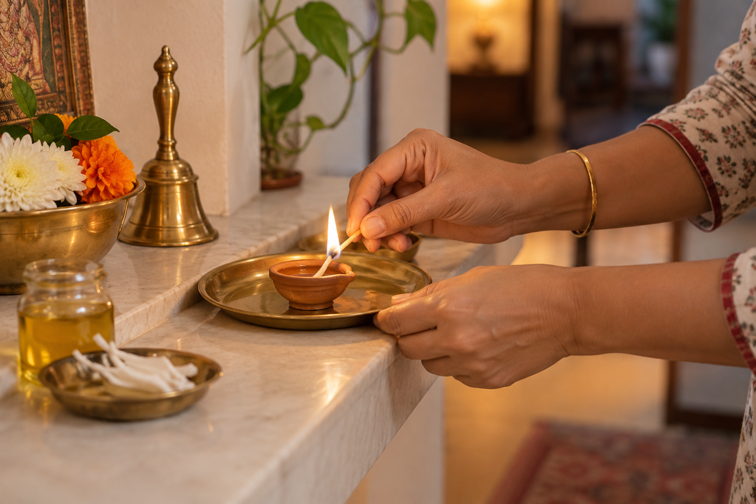 Hands lighting a small clay lamp on a brass plate beside flowers, a bell, oil, and cotton wicks in a home prayer space.