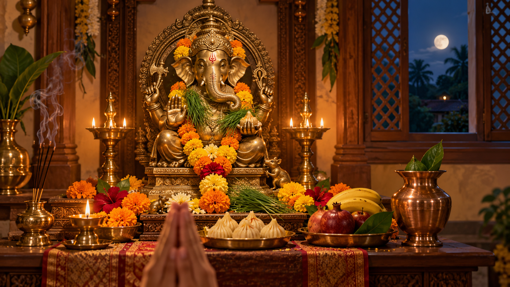 A home shrine with a brass Ganesha murti, diya, flowers, durva grass, sweets, and fruit, with the moon rising outside a window.