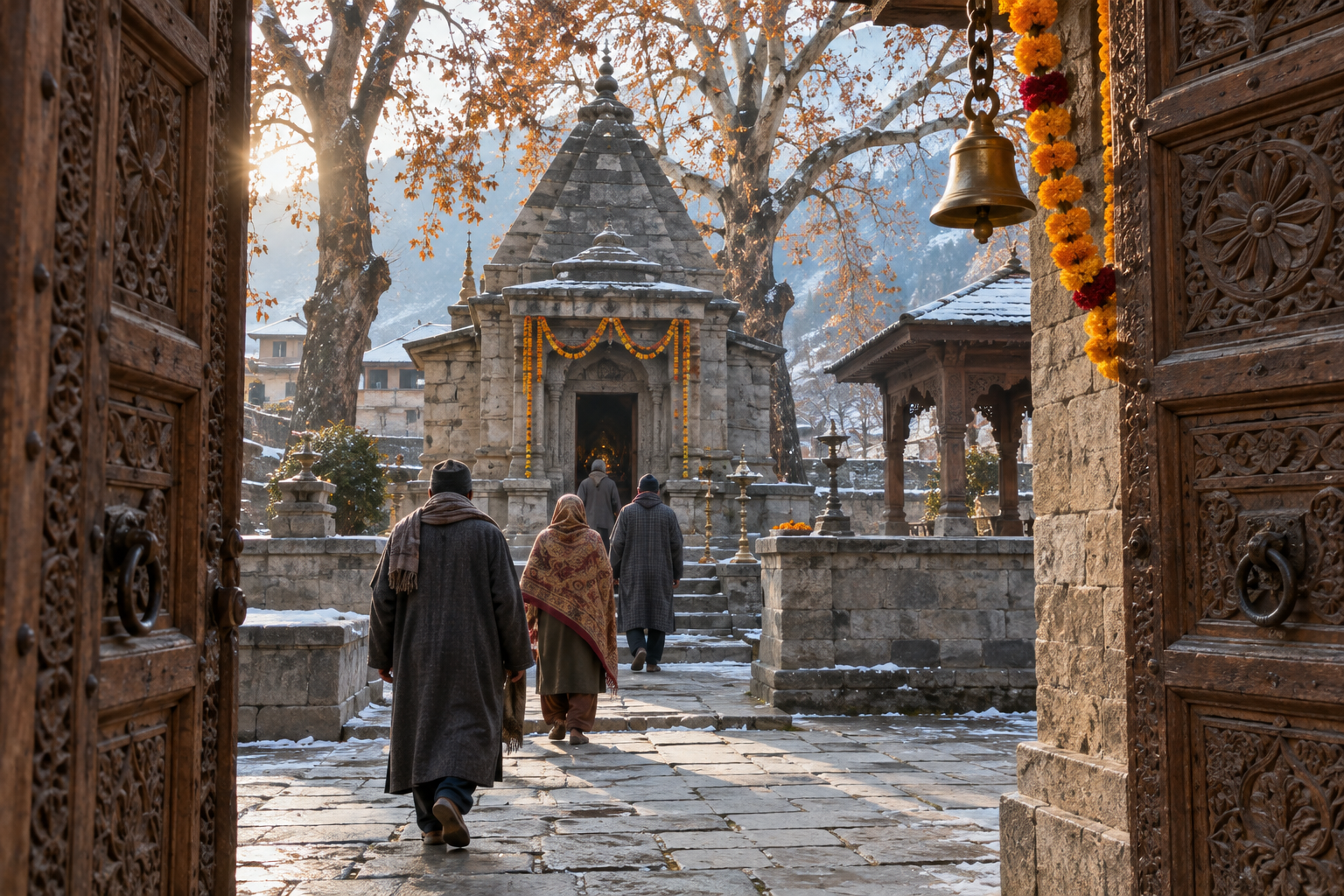 An open wooden gateway leads into a historic Srinagar temple courtyard where a few worshippers enter beneath chinar trees in soft morning light.