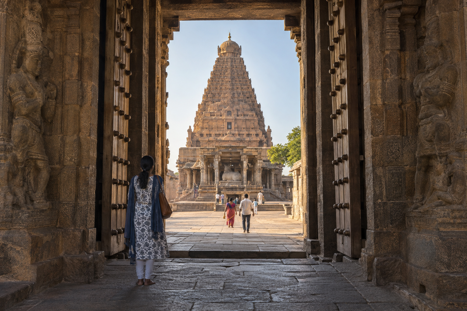 A visitor pauses beneath a temple gateway and looks across the sunlit courtyard toward the vimana of Brihadeeswara Temple.