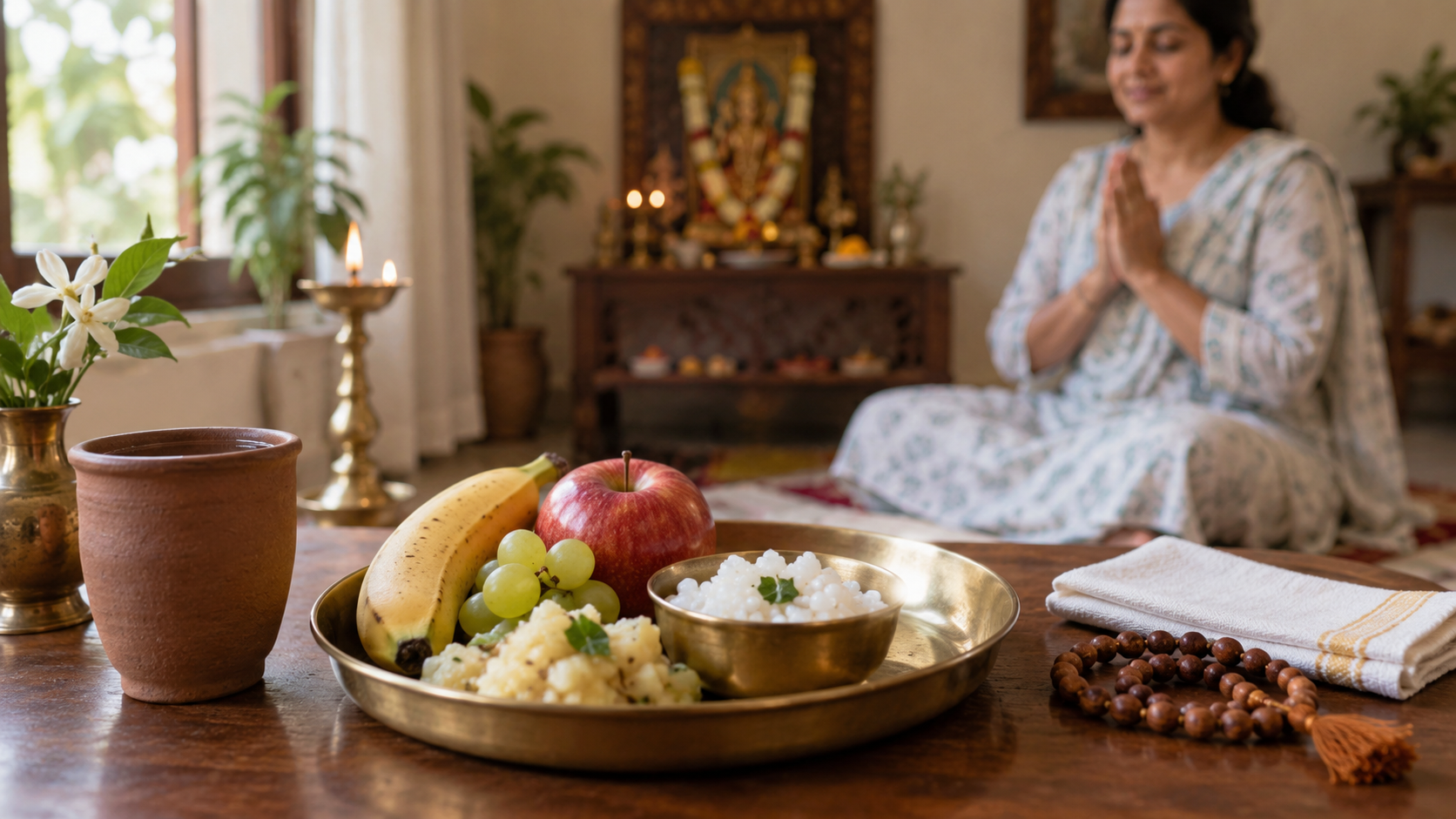 A simple plate of fruit and plain food with water and prayer beads, while a devotee sits quietly in prayer in the background.