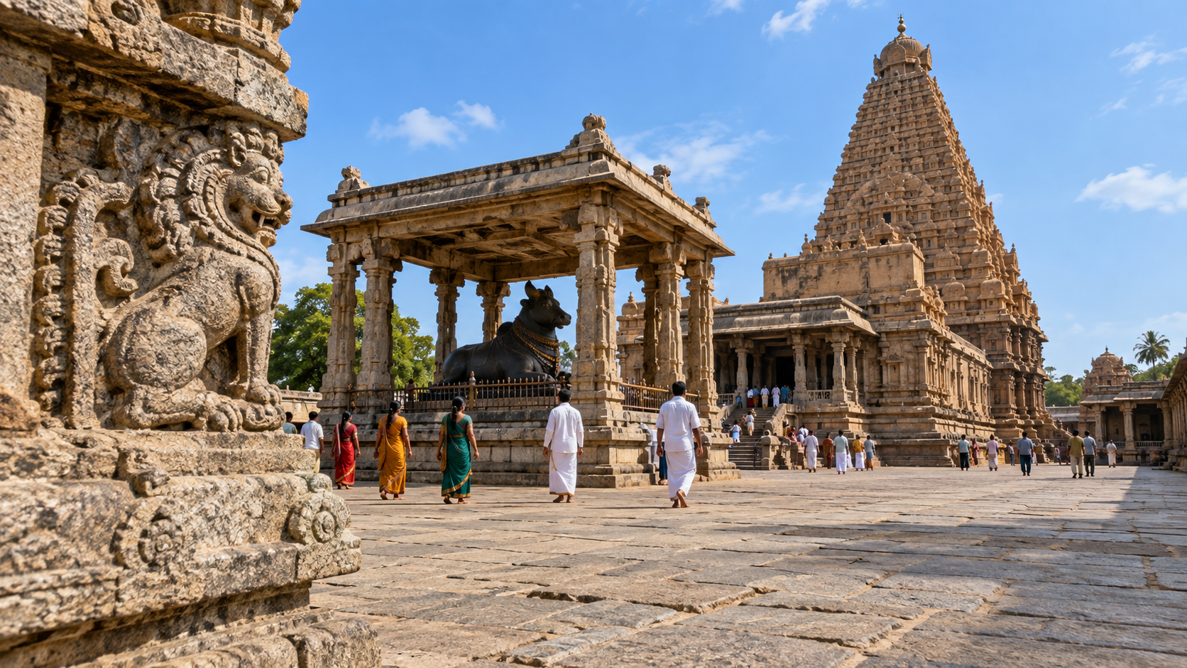 Carved stonework, the Nandi pavilion, visitors, and the distant vimana appear at successive depths within the Brihadeeswara Temple courtyard.