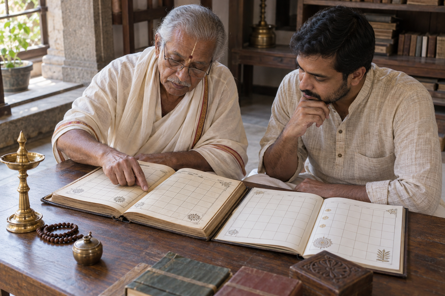 A calendar keeper and a householder compare two open almanacs at a low desk beside a brass lamp and prayer beads.