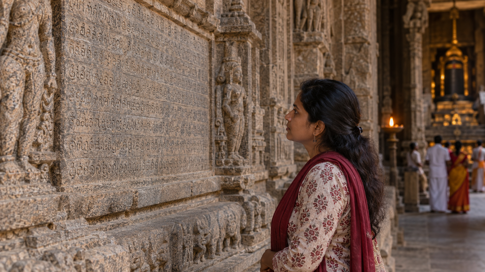 A visitor closely observes carved inscriptions and sculptural details on a granite temple wall while devotees pass in the background.