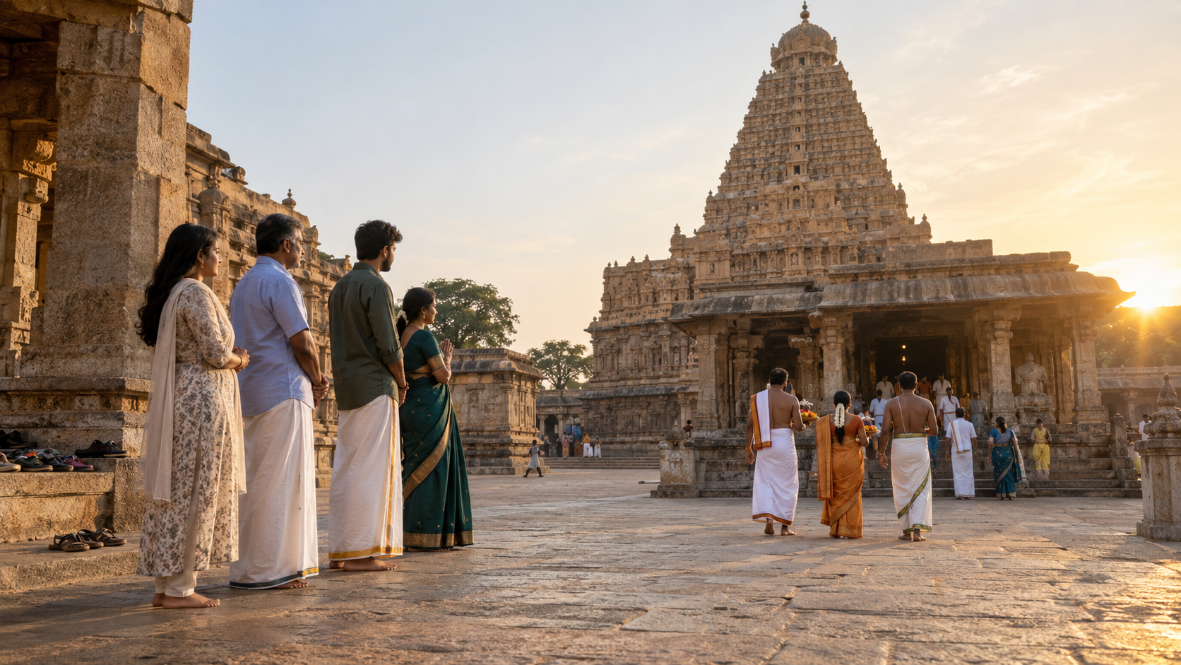 Barefoot visitors wait respectfully beside a temple path while devotees carrying flower offerings proceed toward the shrine.