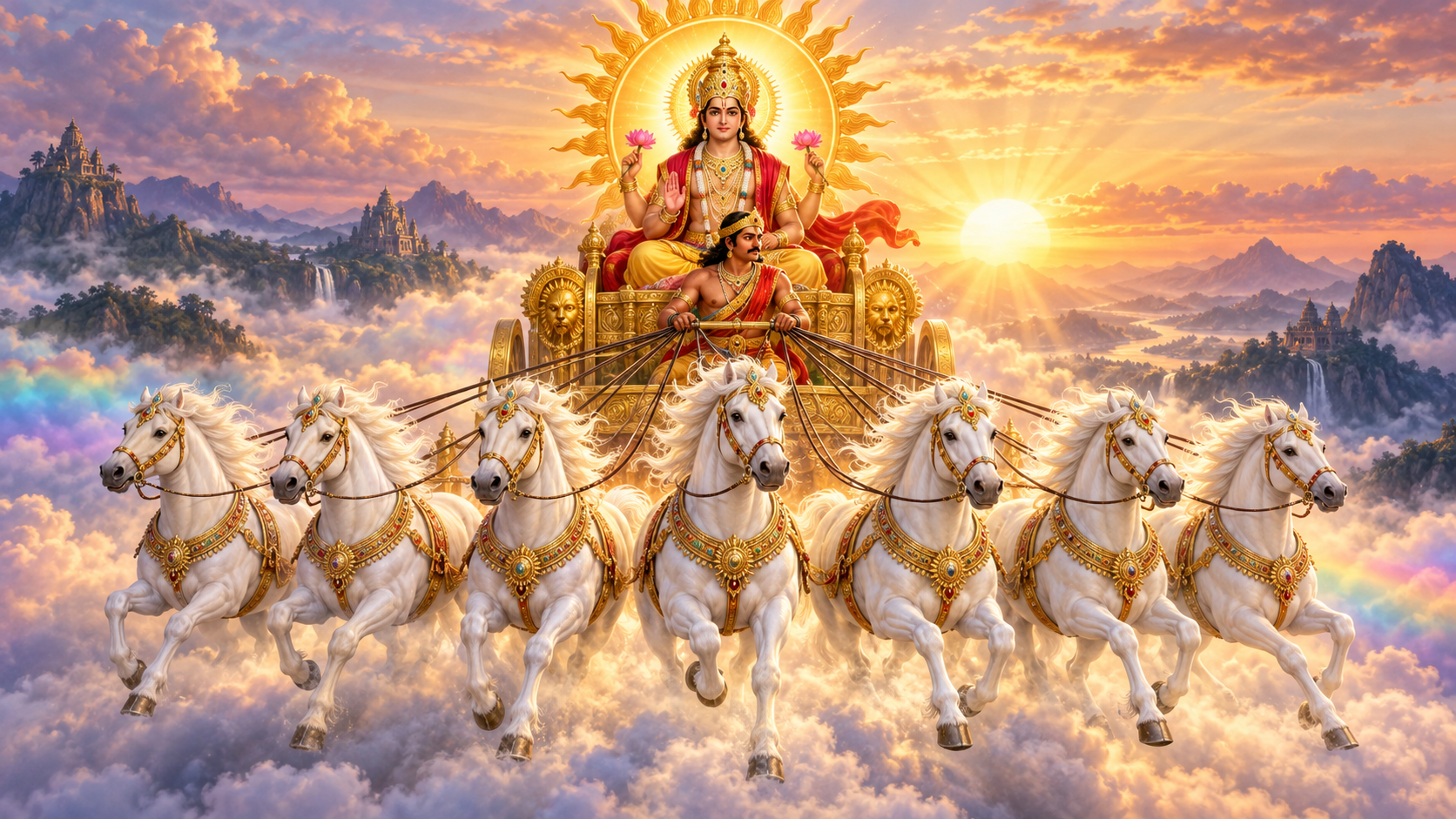 Surya rides a golden chariot at sunrise as Aruna guides seven white horses moving together beneath a radiant solar halo.