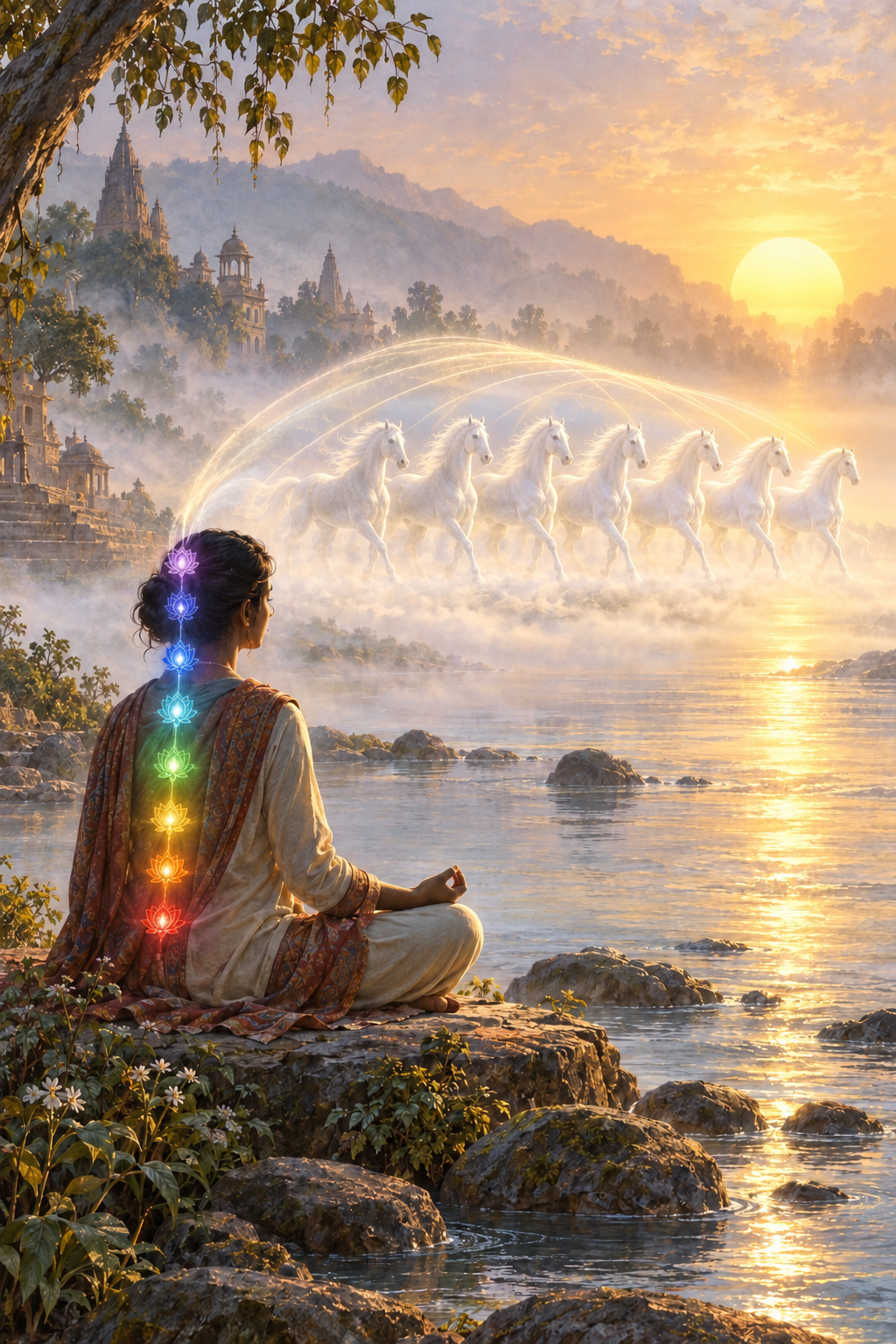 A clothed meditator with seven softly colored lights along the torso faces a vision of seven white horses moving toward the rising sun.