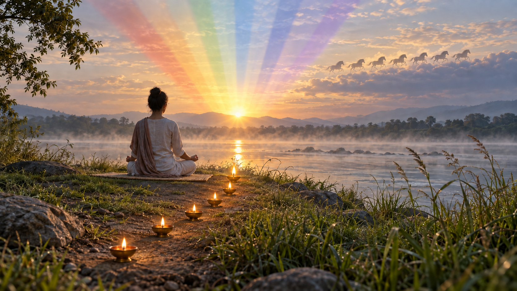 A person meditates beside a river at sunrise as seven oil lamps curve toward the sun and faint horse silhouettes cross the bright horizon.