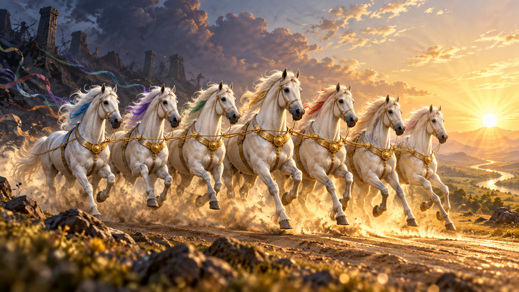 Seven white horses run together toward a sunrise as their golden reins converge into a single controlled direction.