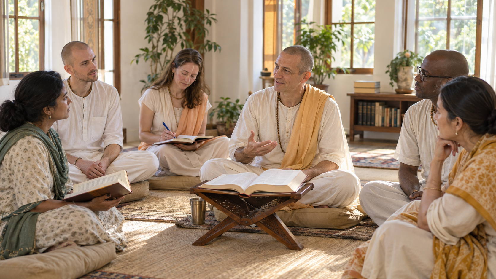 A teacher leads a small Bhagavatam study class while participants follow a book, take notes, and listen in a softly lit temple room.