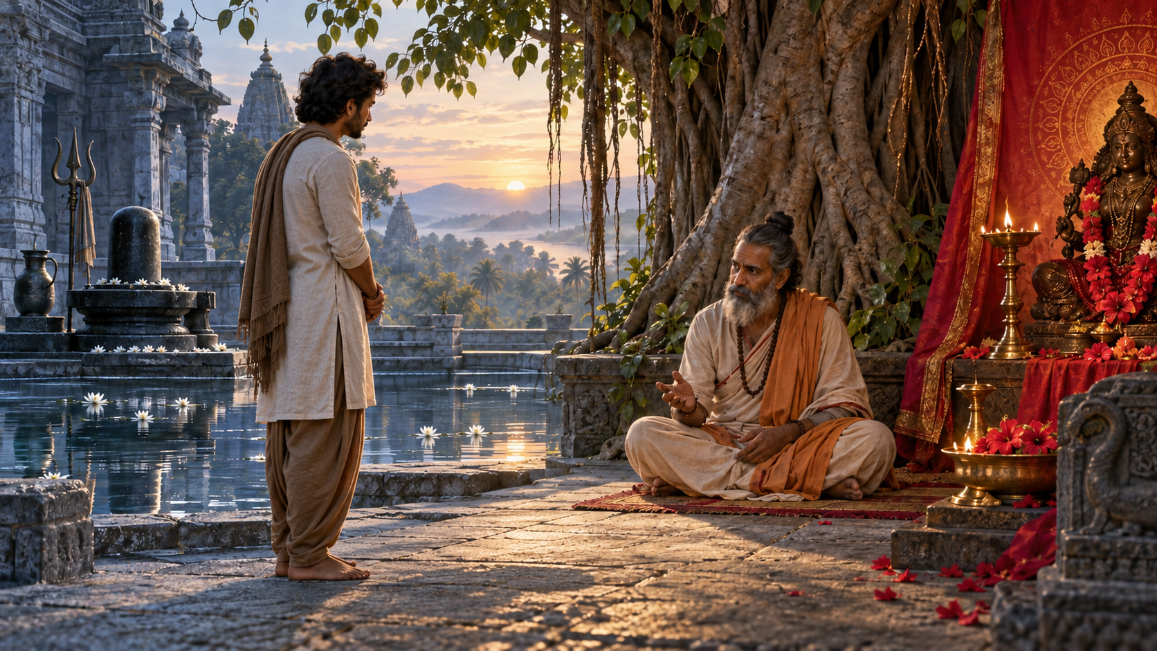 A seeker approaches a teacher in a temple courtyard framed by a cool, still Shiva-inspired setting and a warm, radiant Shakti-inspired setting.