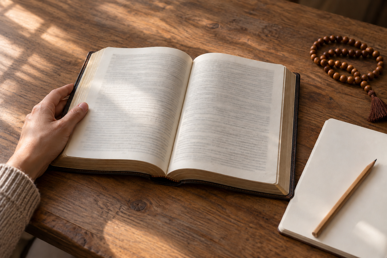 A reader's hand rests beside an open sacred book with a notebook, pencil, and wooden meditation beads on a study table.