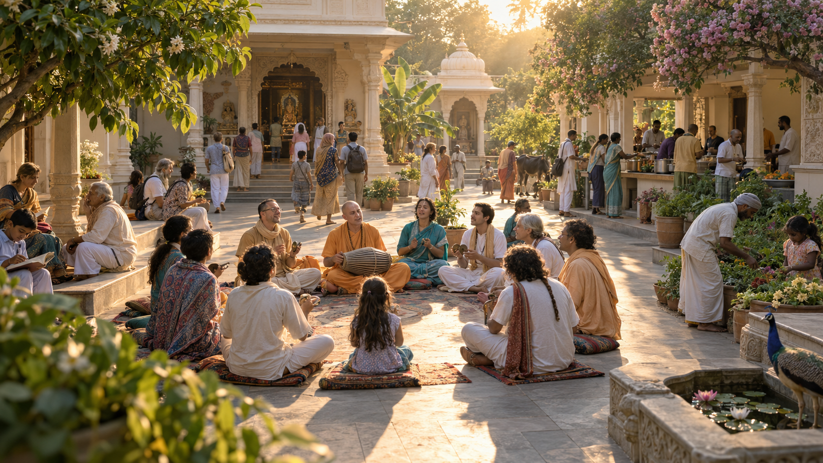 A multigenerational Vaishnava community gathers for chanting at the center of a temple courtyard while food service, teaching, gardening, and welcoming activities take place around them.