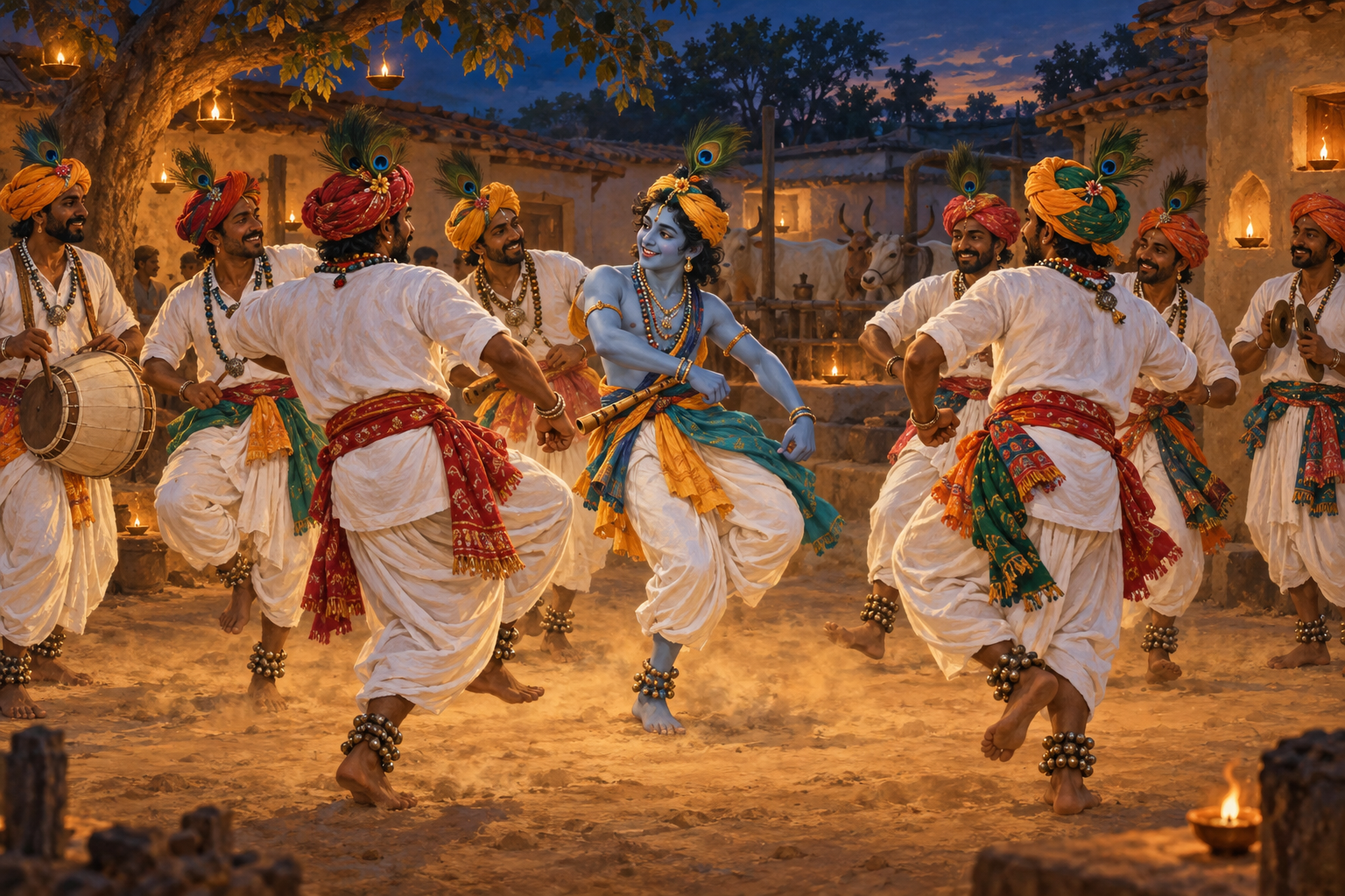 Baredi dancers perform in a village courtyard at twilight with a youthful depiction of Krishna dancing among them as a companion.