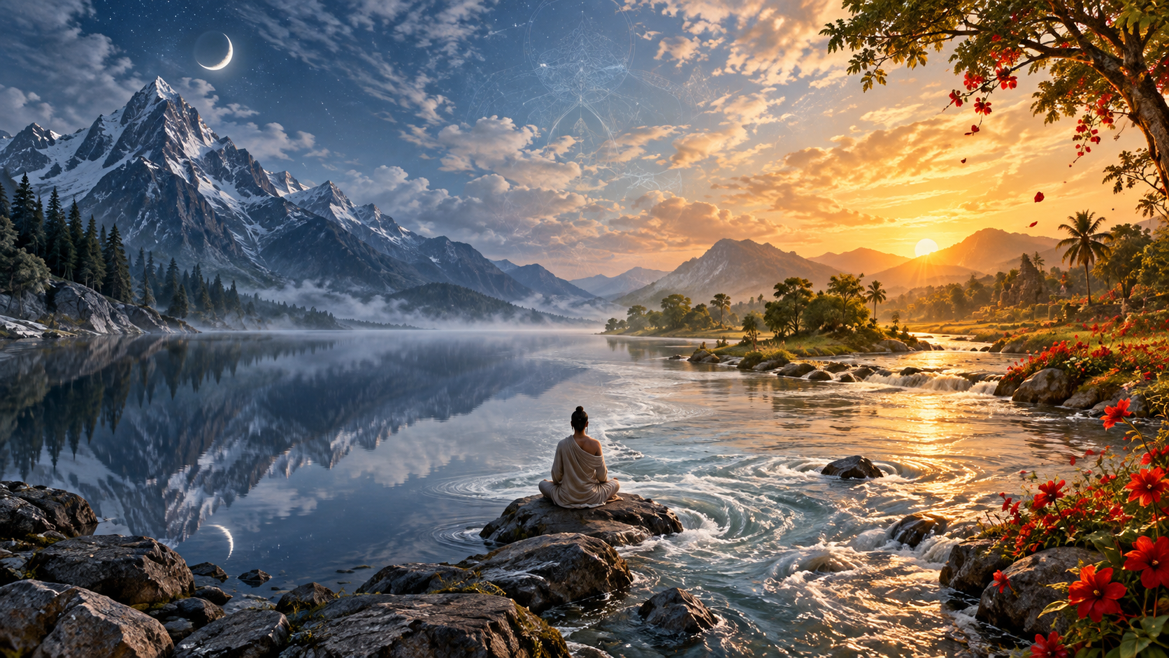A seated figure rests where a still mountain lake and a flower-lined flowing river meet beneath one sky.