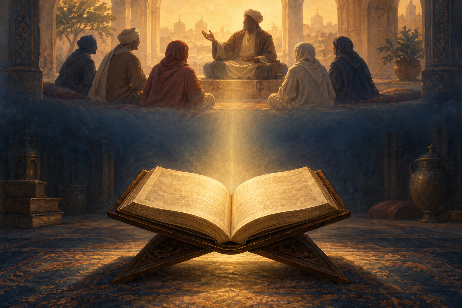 An open sacred book and a teacher addressing listeners appear in two visually separate layers connected by a beam of light.