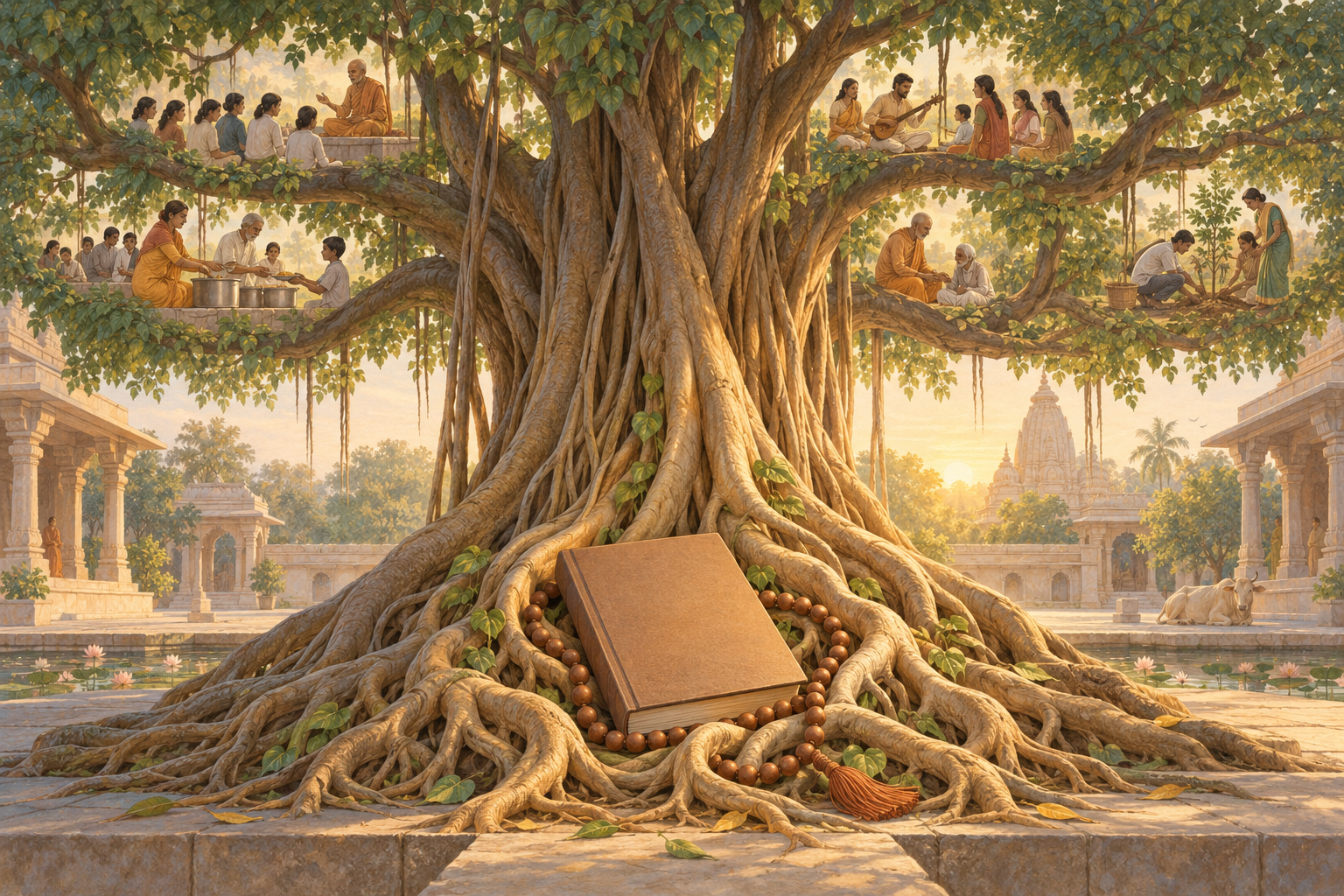An illustrated banyan tree with roots surrounding prayer beads and a blank-covered book, while its branches shelter scenes of teaching, food service, music, and community care.