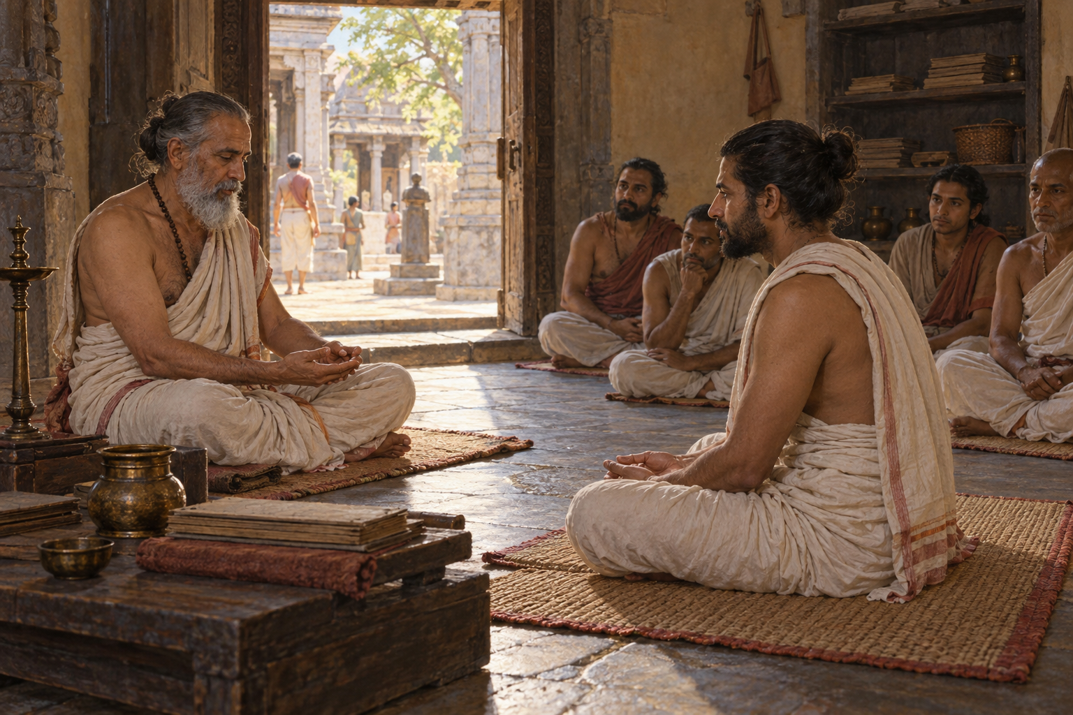 A teacher demonstrates a meditation gesture to an adult student at the doorway of a modest temple study hall while other practitioners observe.