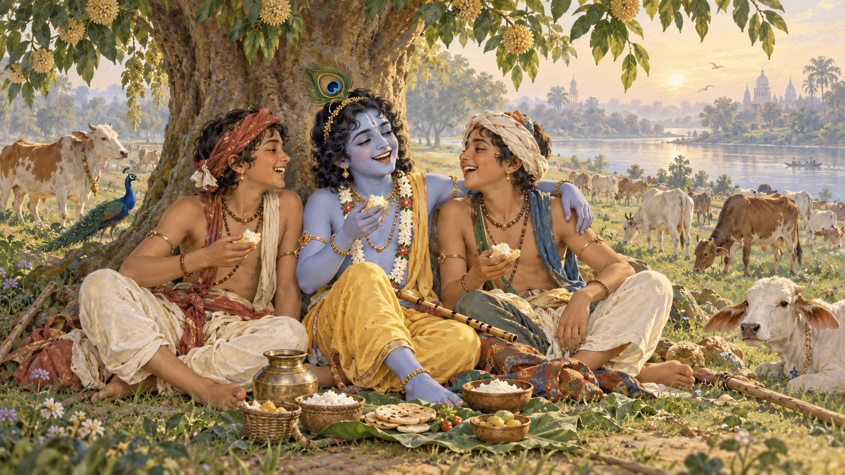 Krishna sits beneath a tree with two cowherd friends as they share food beside grazing cattle.