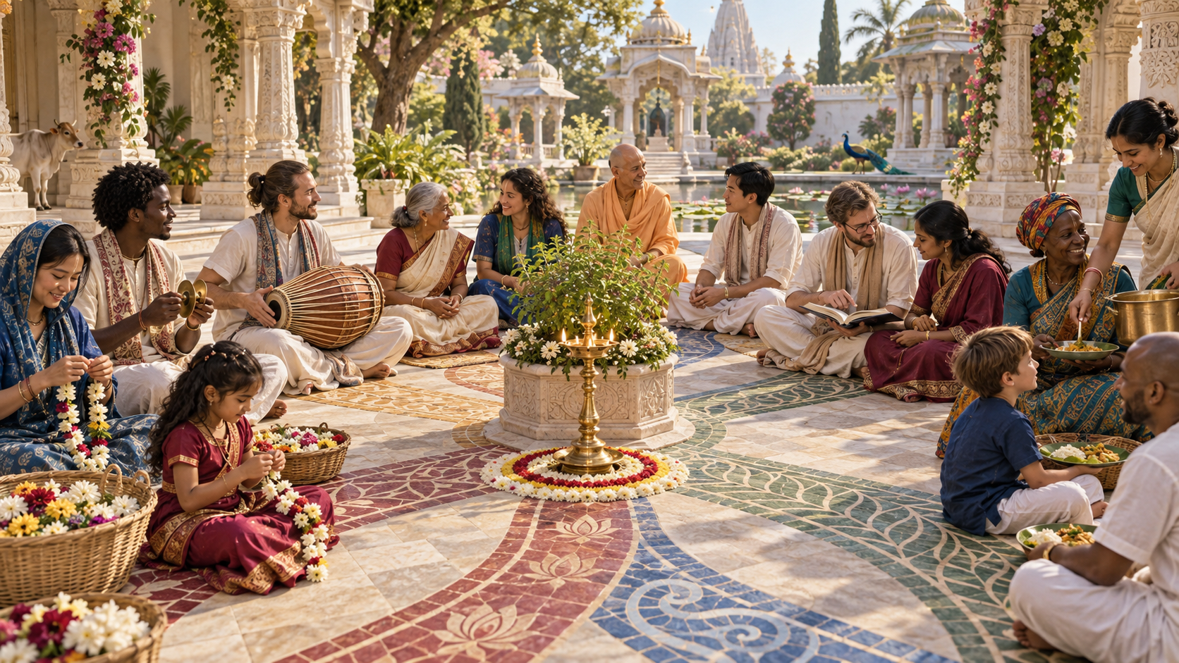 A diverse, intergenerational group of Vaishnava devotees gathers around a lamp and sacred basil plant while performing different forms of service in a sunlit temple courtyard.
