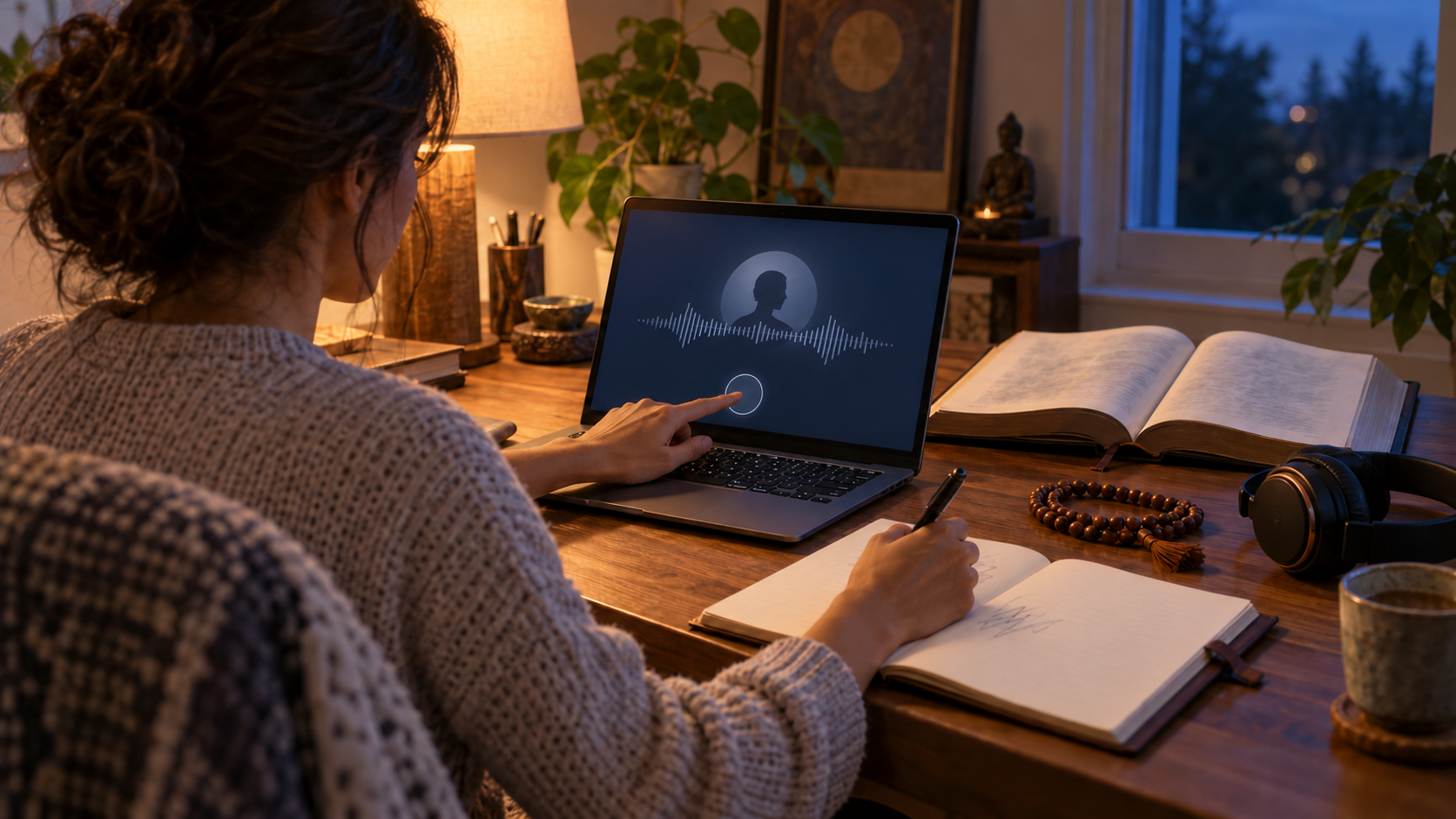 A person pauses a class recording on a laptop while studying an open book and writing notes at a home desk.