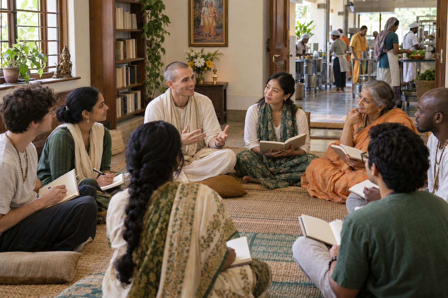 Devotees of different ages study in a circle in a temple classroom, with a community kitchen visible through an open doorway behind them.