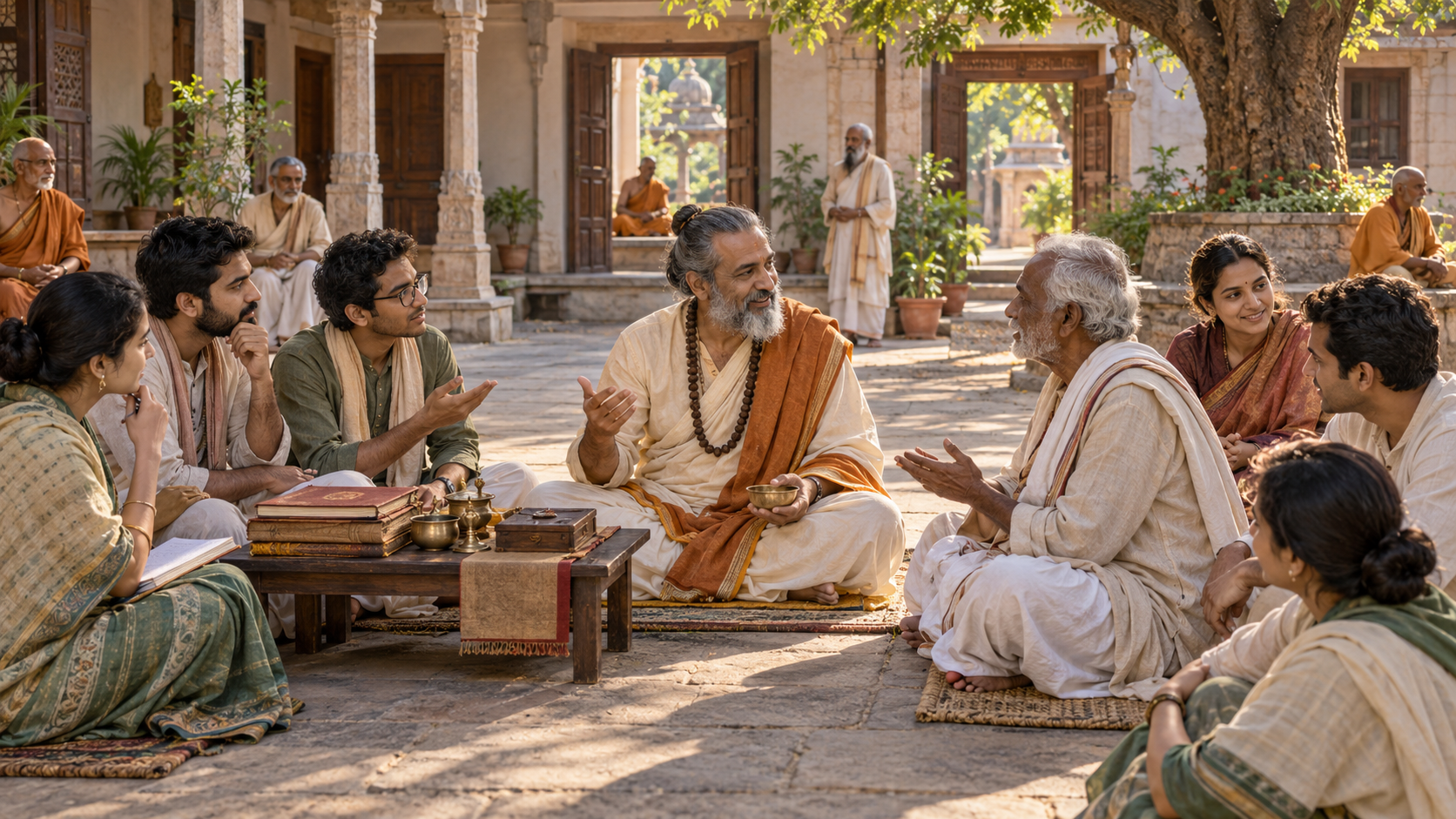 A teacher answers students' questions in an open courtyard while senior practitioners and community members remain present and engaged.