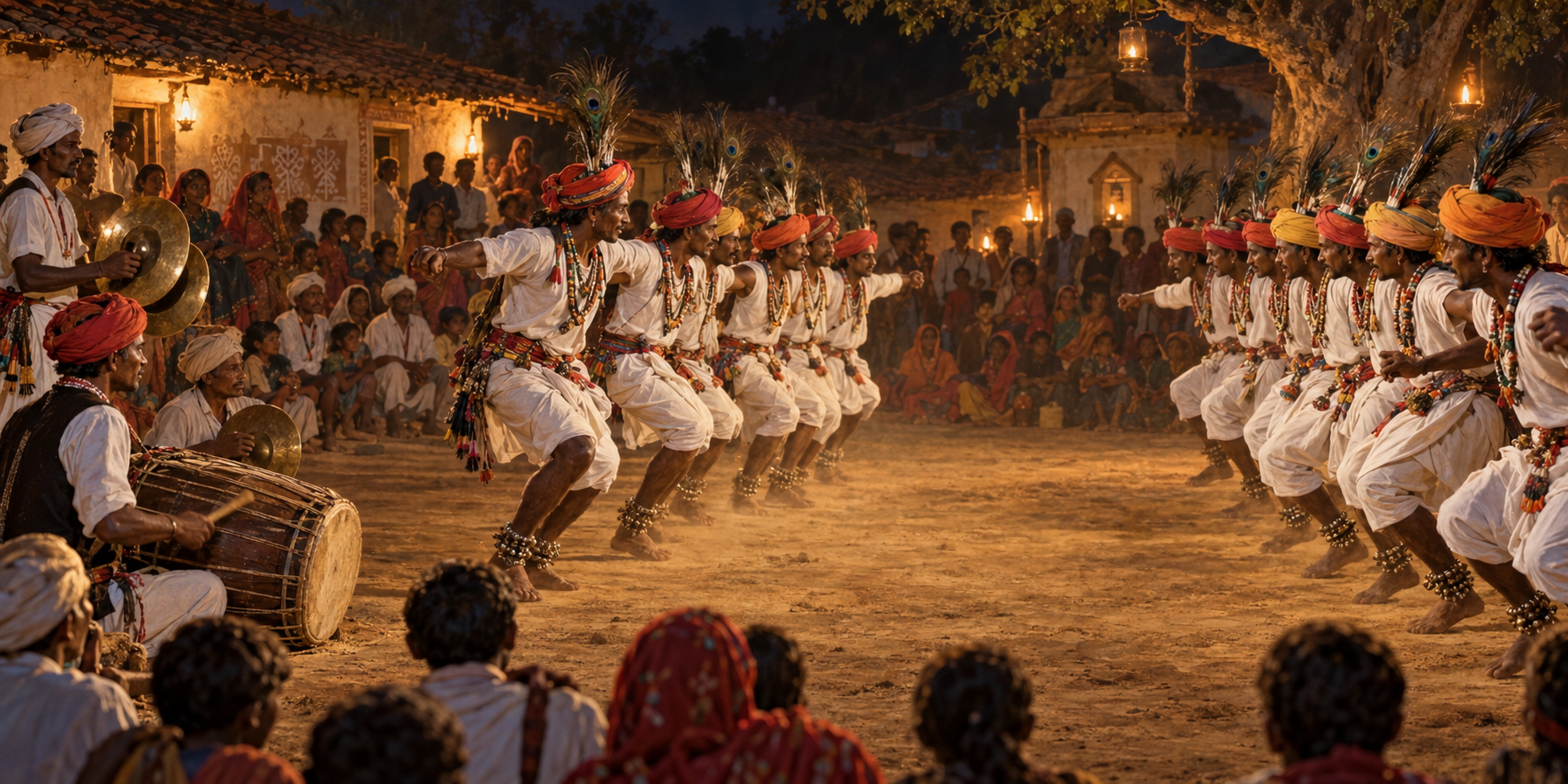 Two lines of traditionally dressed Baredi dancers move together while village musicians and families watch at night.