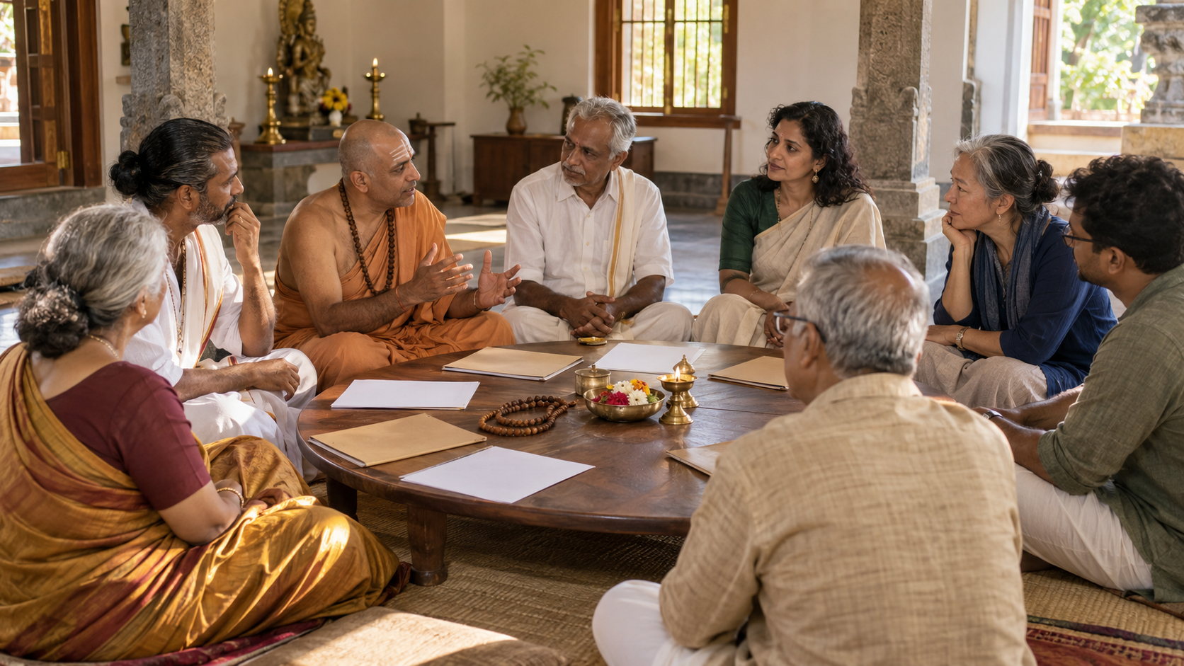 A diverse temple council holds a circular meeting around a low table containing prayer beads, an oil lamp, flowers, plain folders, and blank papers.