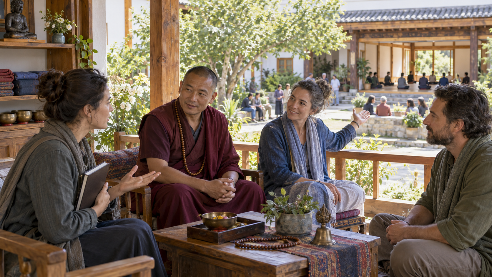 A prospective student speaks with a teacher and two senior practitioners on an open veranda before entering a visible practice space.