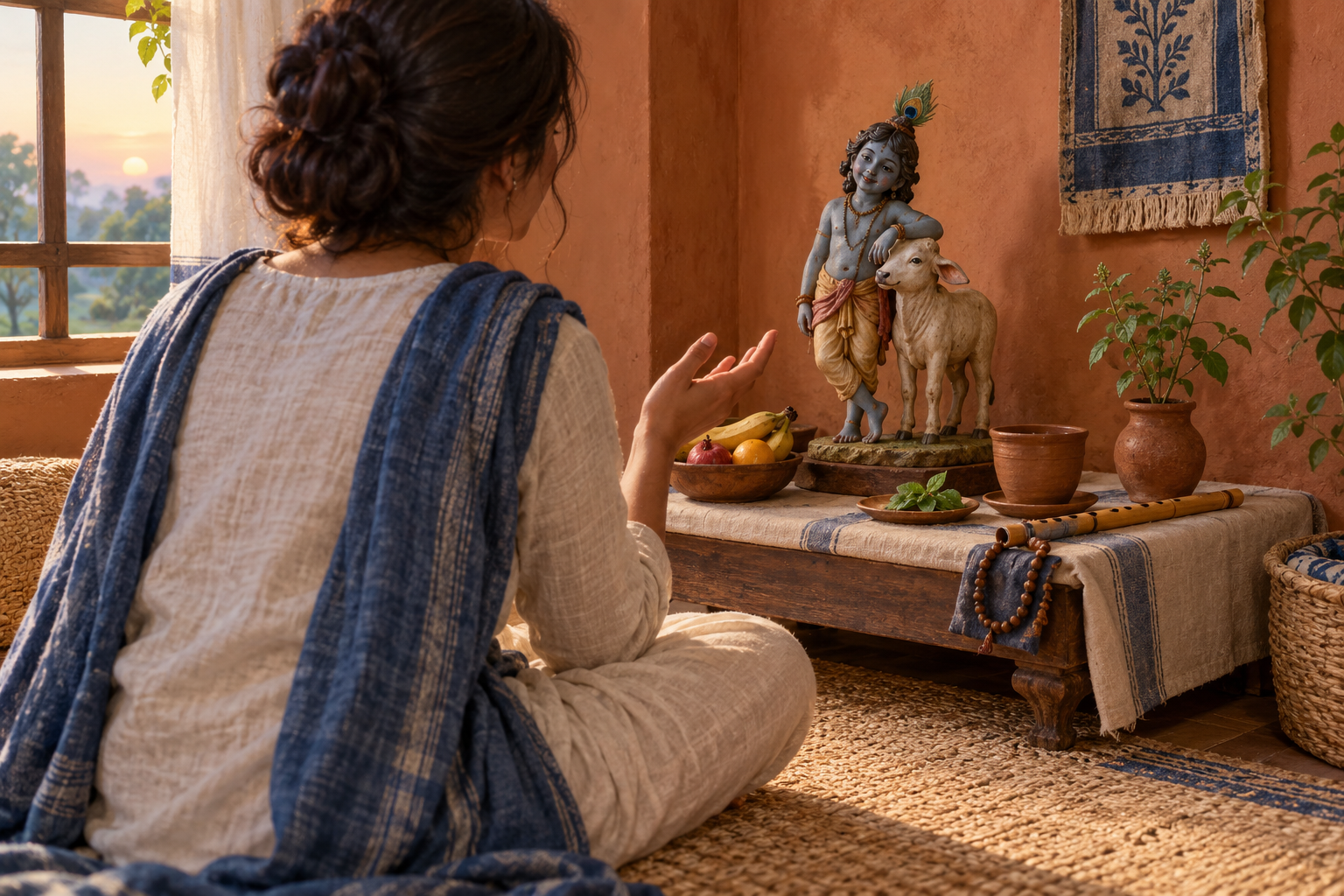 A devotee sits on a woven mat at dawn before a simple Krishna shrine with fruit, water, tulsi leaves, and prayer beads.