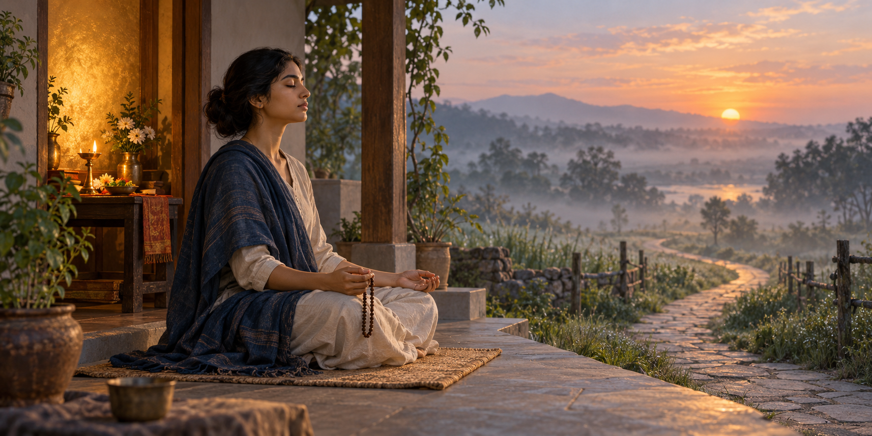 A person with prayer beads meditates at dawn beside a small flower-and-lamp altar overlooking a winding path.
