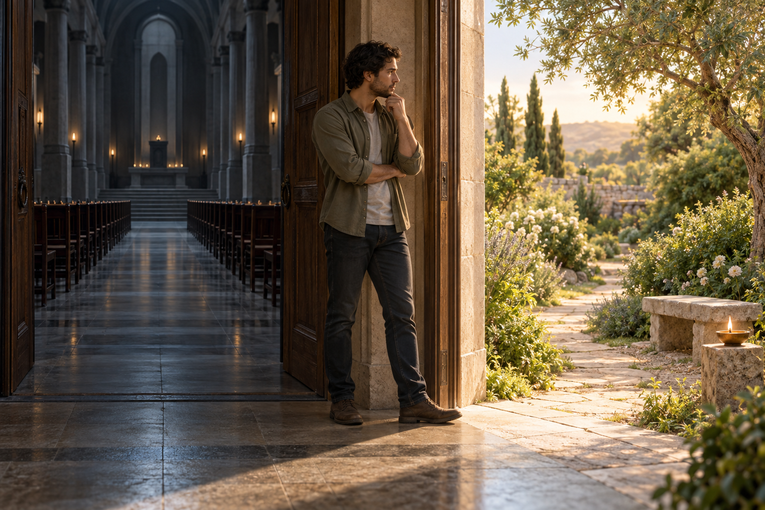 A contemplative person pauses in a doorway between a shadowed ceremonial hall and a sunlit garden path.