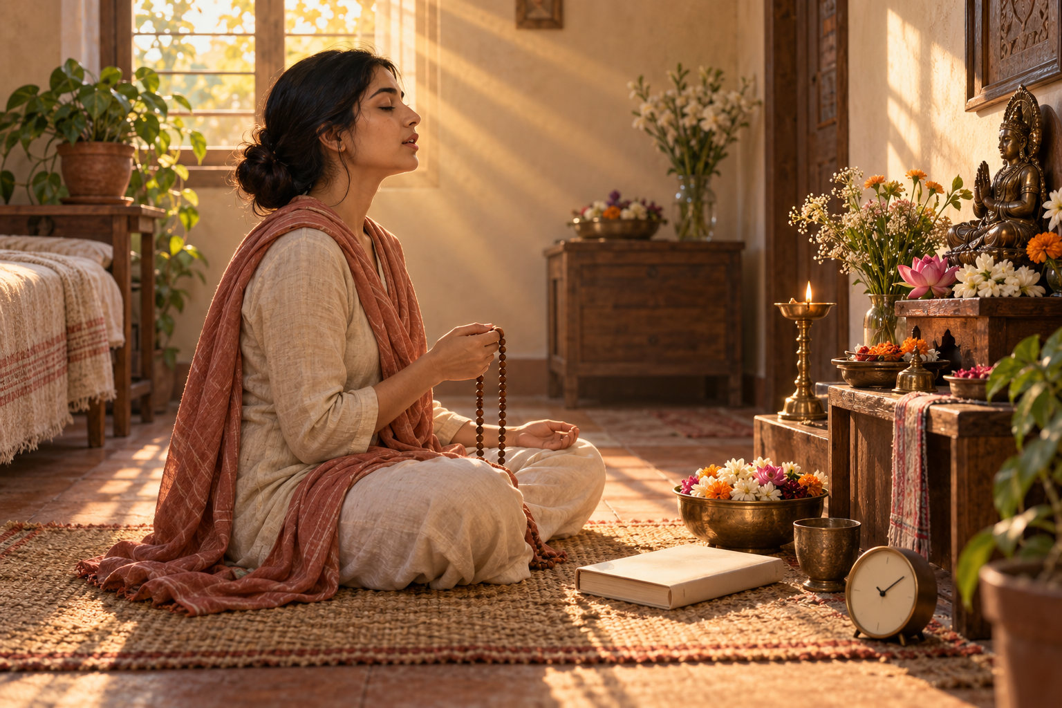 A practitioner chants with wooden prayer beads beside a lamp, flowers and a closed book during a simple morning routine.