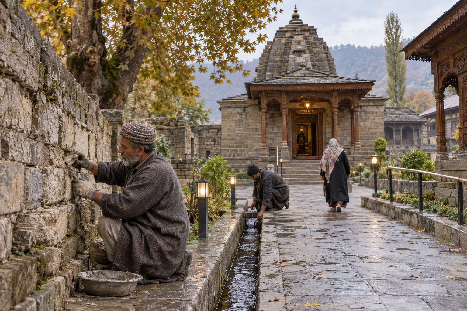 Heritage workers repair stonework and drainage in a Srinagar temple courtyard while a worshipper approaches on a maintained path.
