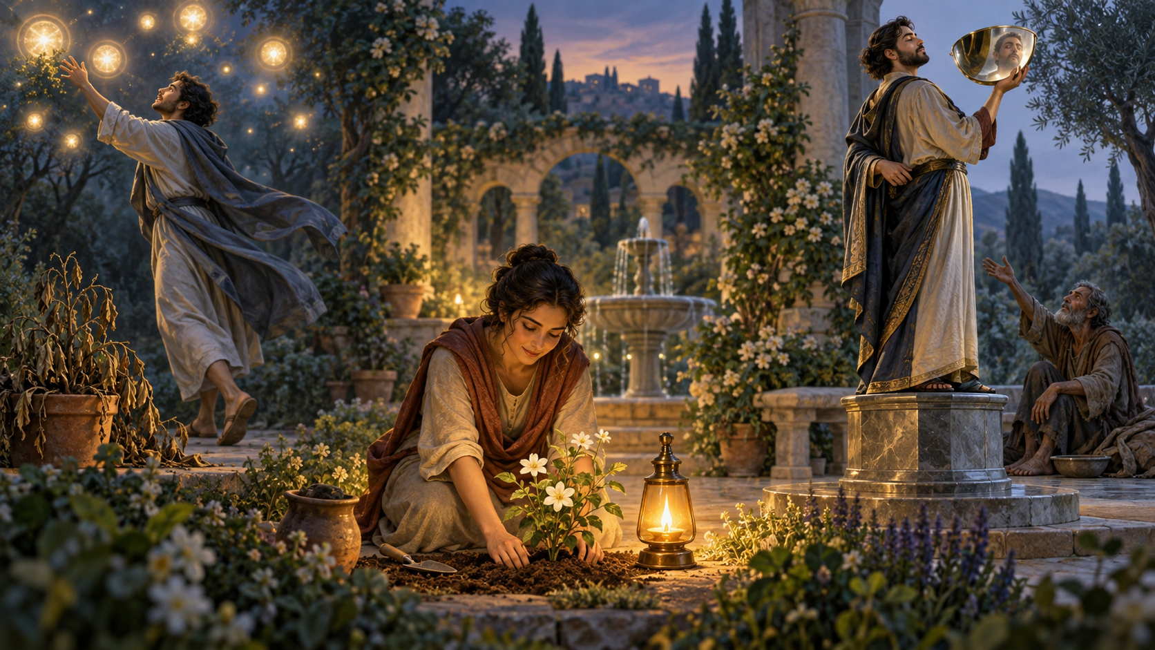 A grounded seeker tends a flowering plant between one person chasing lights and another admiring their reflection on a pedestal.