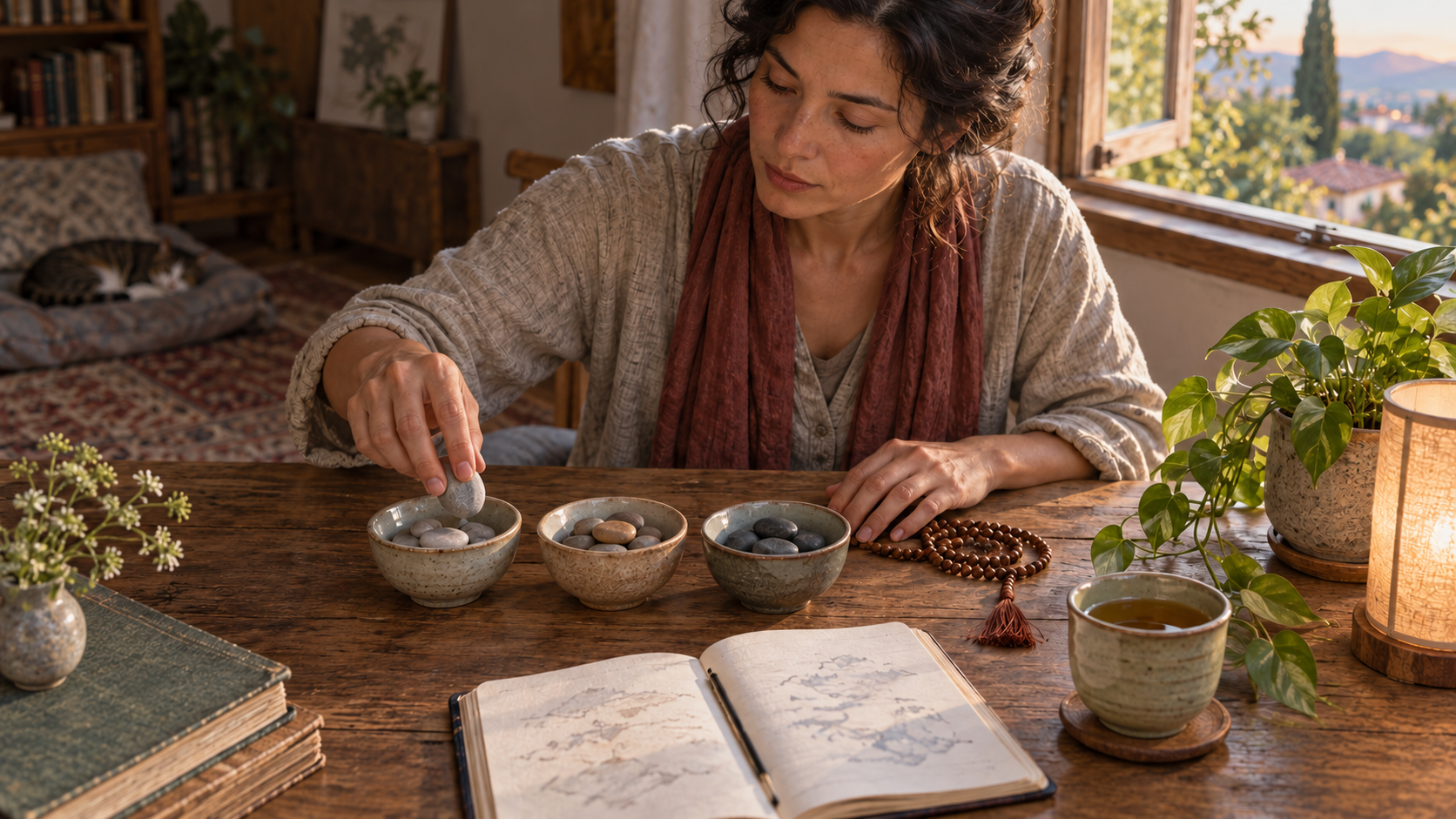 A practitioner reflects at a low table with prayer beads, a journal and stones sorted into three small bowls.