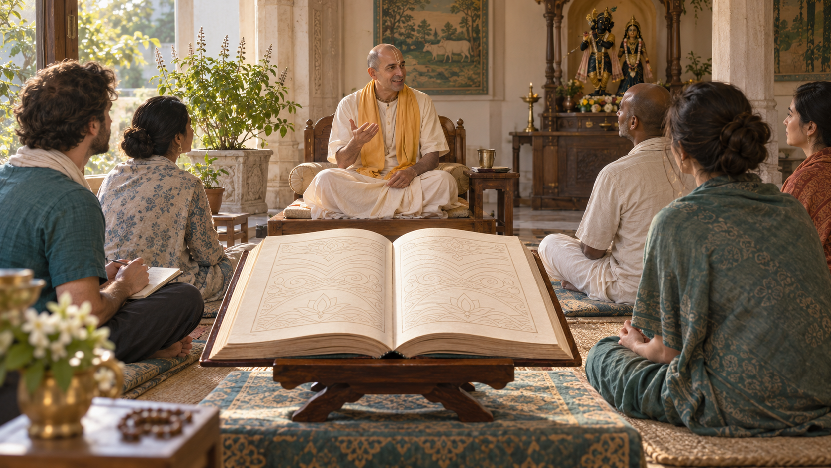 An open sacred book rests in the foreground while a teacher leads a small Bhagavatam class in a sunlit temple hall.