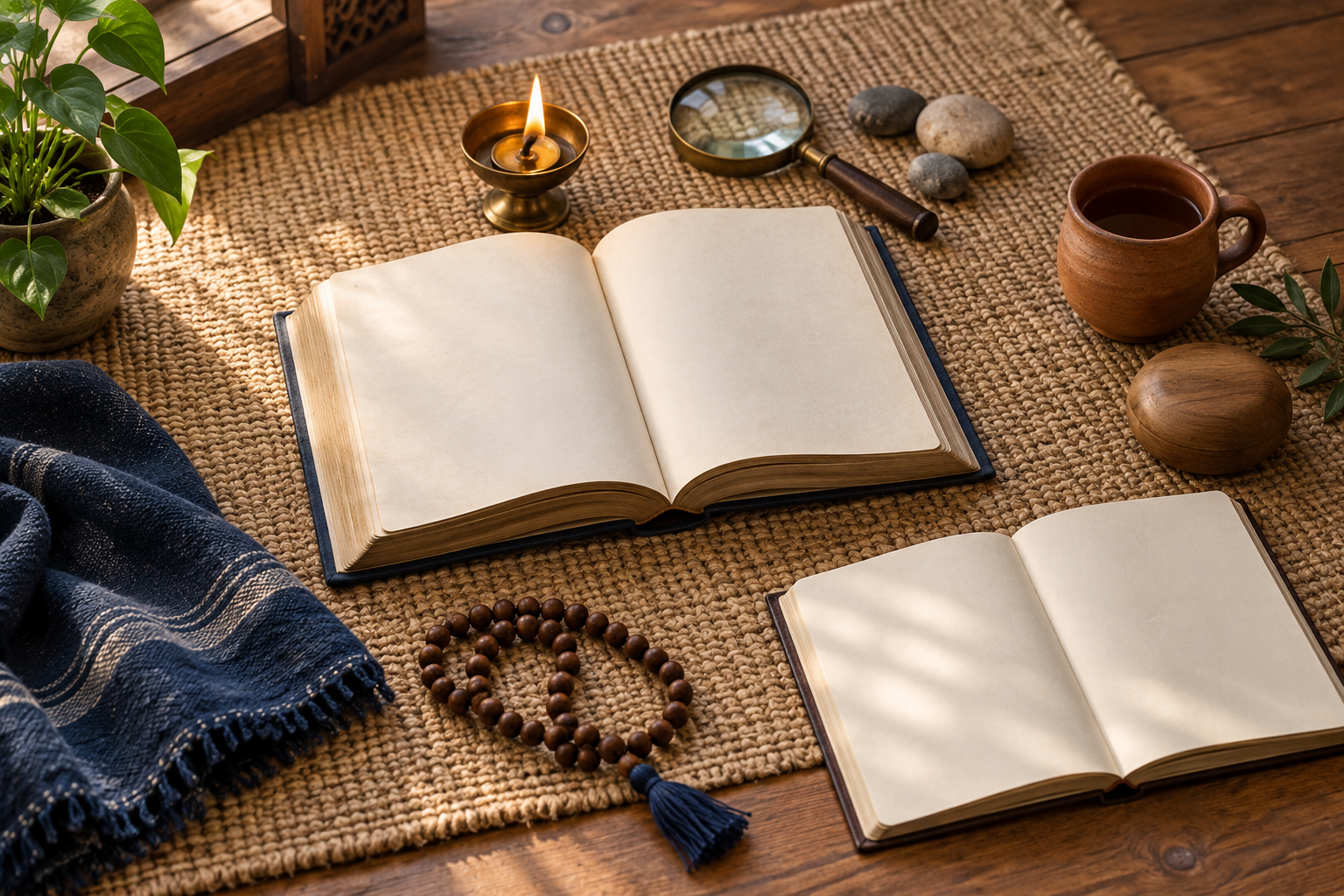 An open sacred book is surrounded by a lamp, magnifying lens, everyday objects, a blank notebook, and wooden meditation beads arranged in four layers.