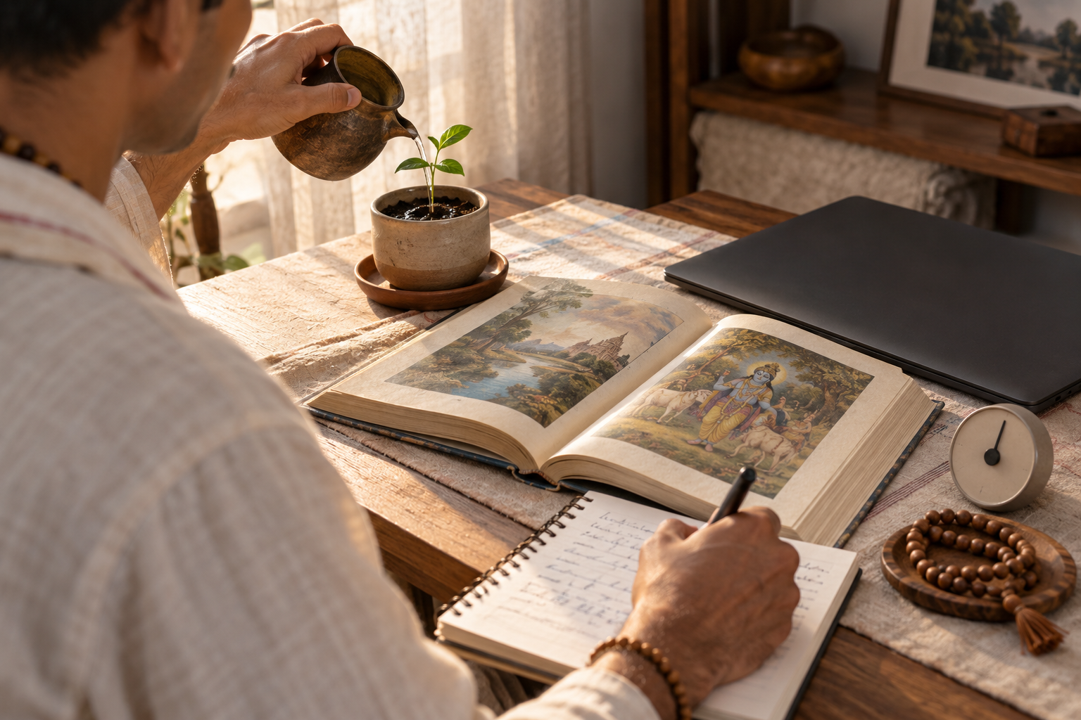 A devotee studies an open sacred book, writes in a notebook, and tends a small seedling at a quiet desk.