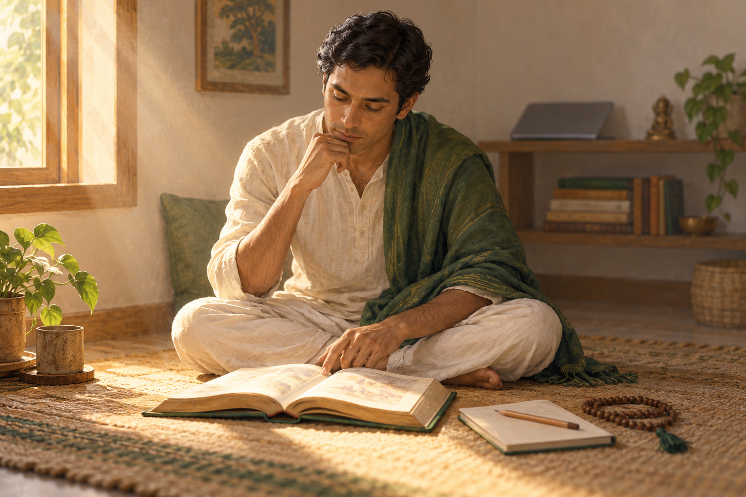 A single listener sits with one open sacred book, a notebook, and meditation beads in a quiet morning room.