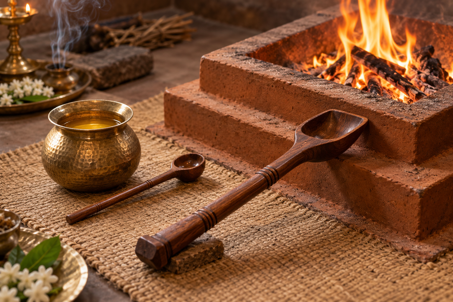 Two wooden Vedic ritual ladles beside a vessel of ghee and a square sacred fire altar, with the smaller ladle near the ghee and the larger ladle directed toward the fire.