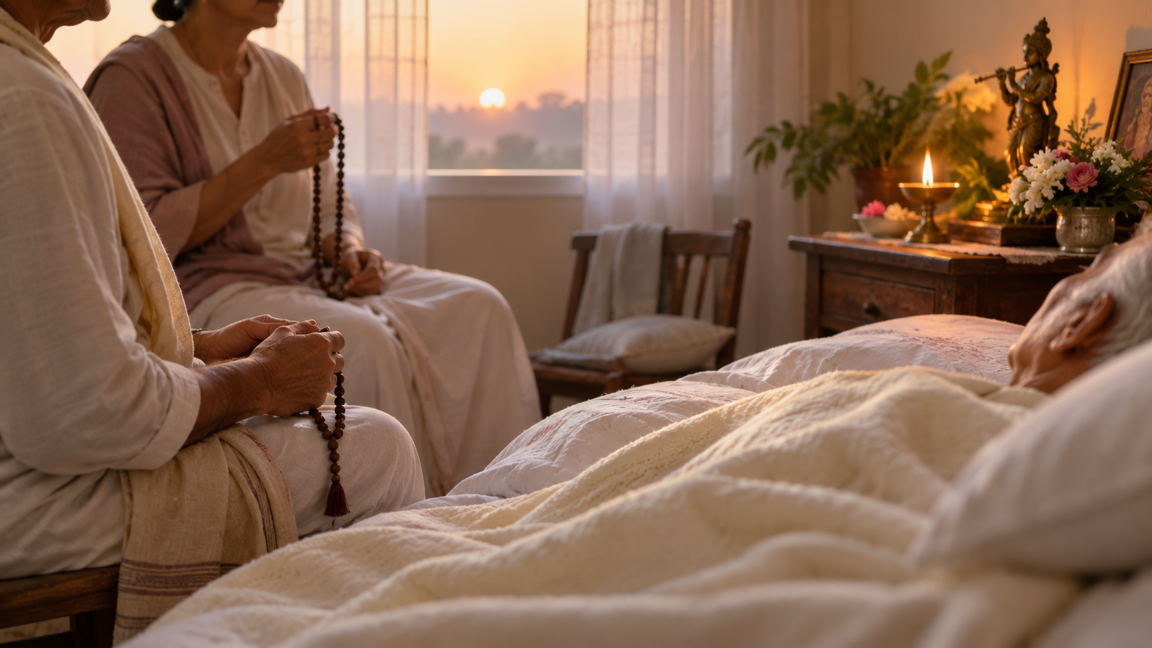 Devotees chant quietly beside an elderly devotee resting in a softly lit room with flowers and an oil lamp nearby.