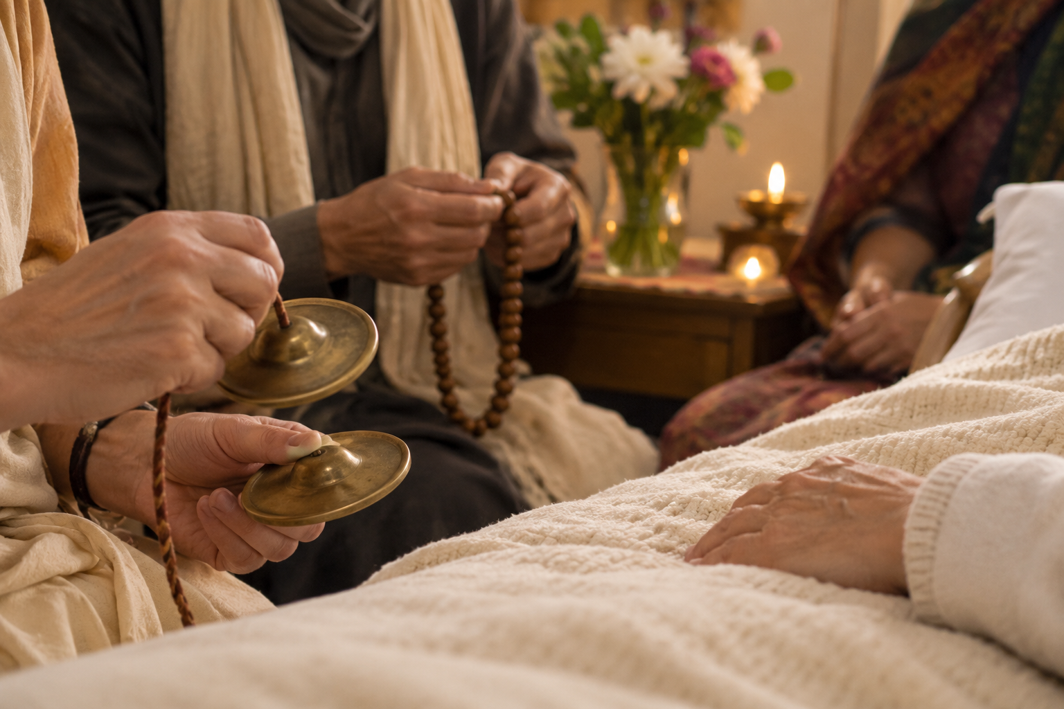Hands hold prayer beads and small brass cymbals beside a resting devotee's blanket during quiet congregational chanting.