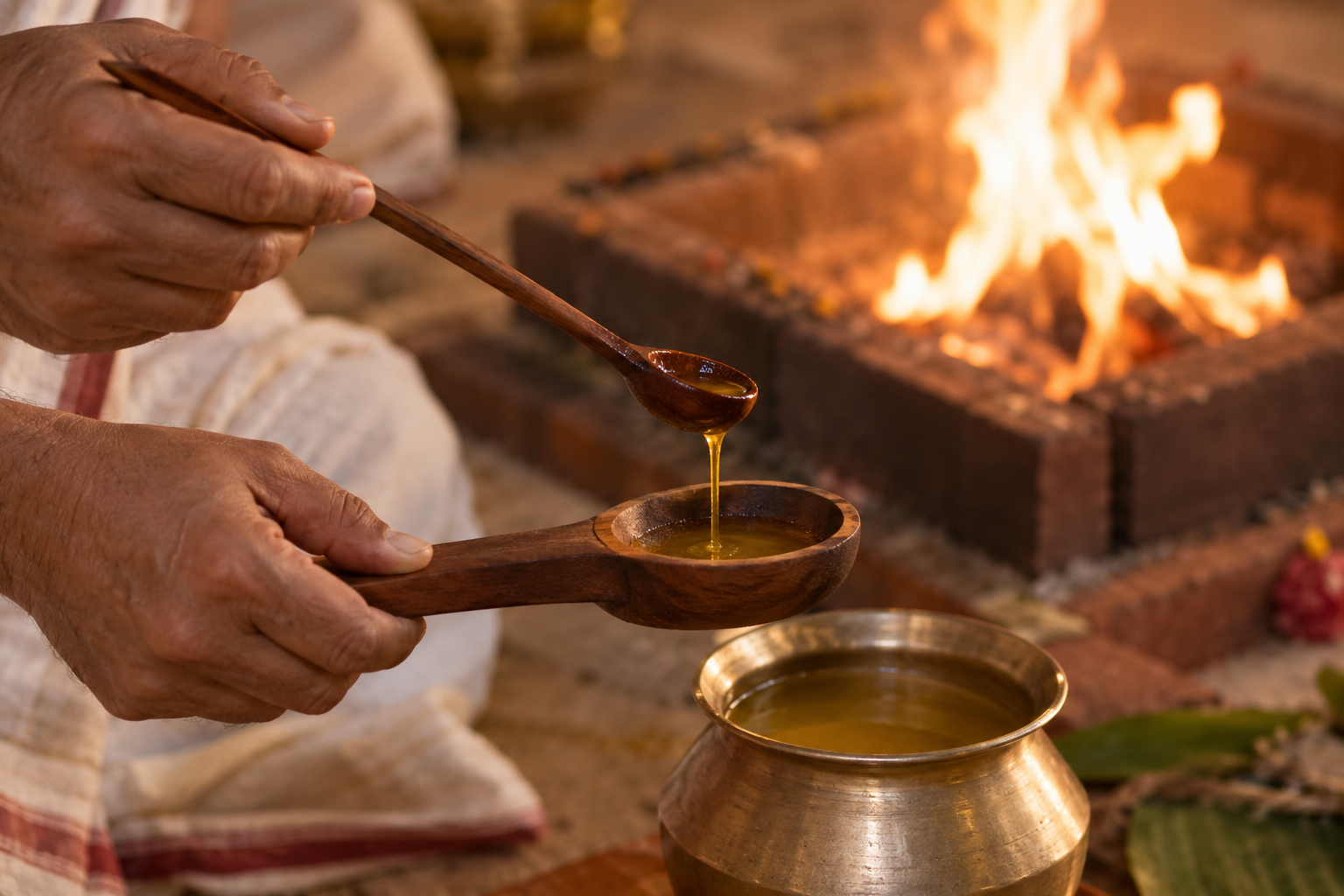 An officiant uses the smaller sruva to transfer ghee from a metal vessel into the larger sruk while the sacred fire glows in the background.