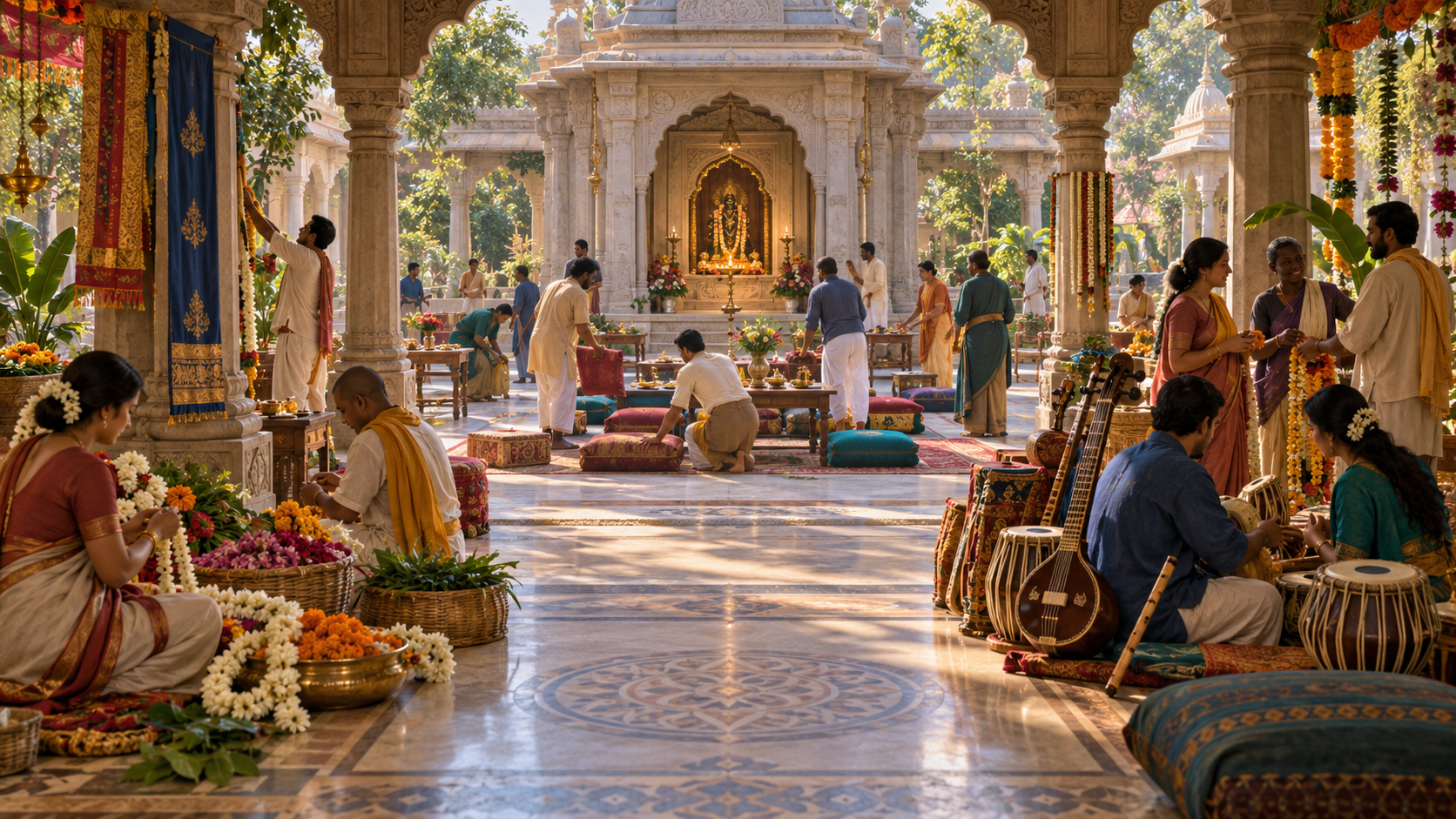 A temple complex has a central altar, a middle courtyard where a council arranges shared activities, and an outer veranda where devotees pursue varied forms of service.