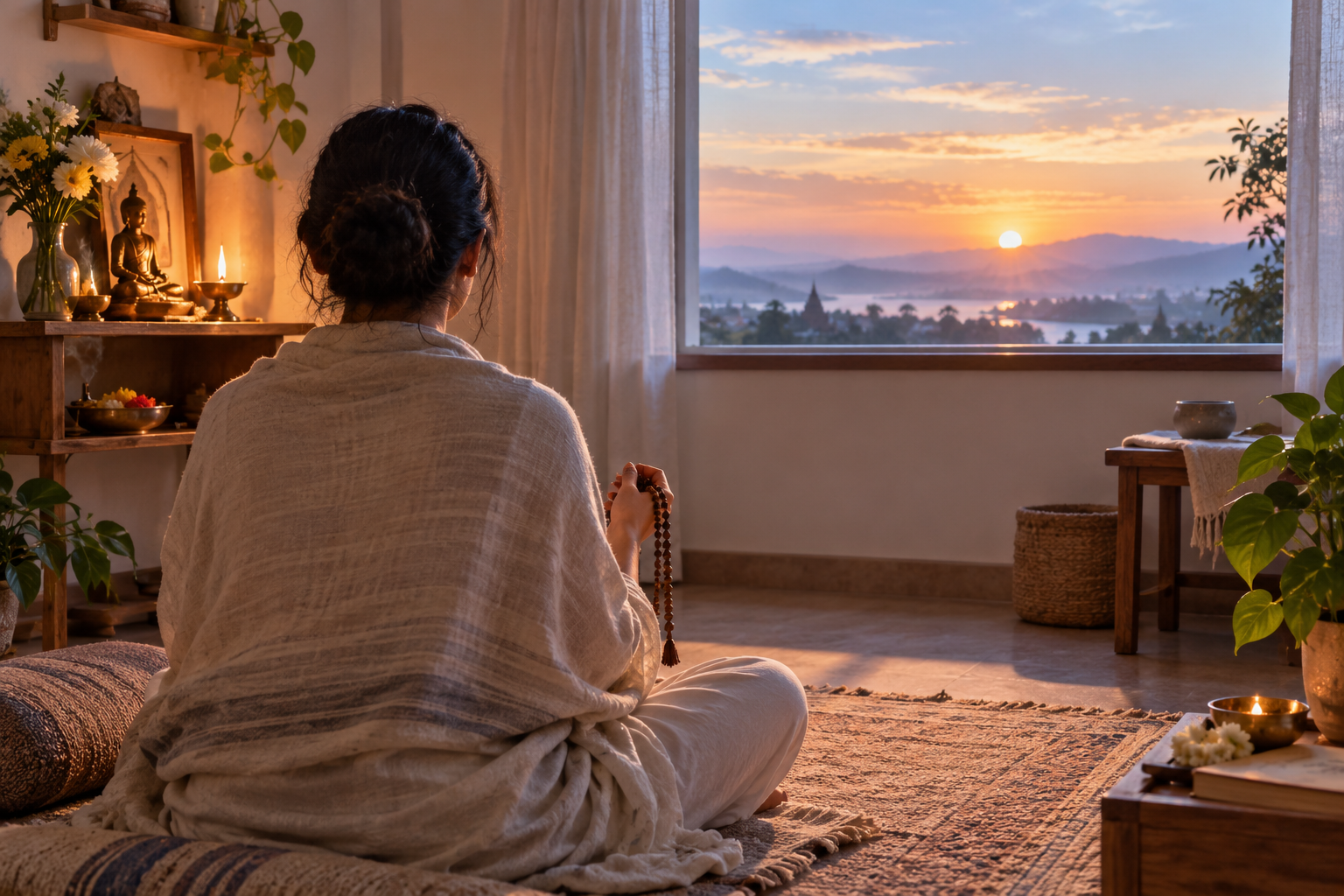 A devotee chants on wooden prayer beads at home beside flowers and a lamp as sunrise appears through the window.
